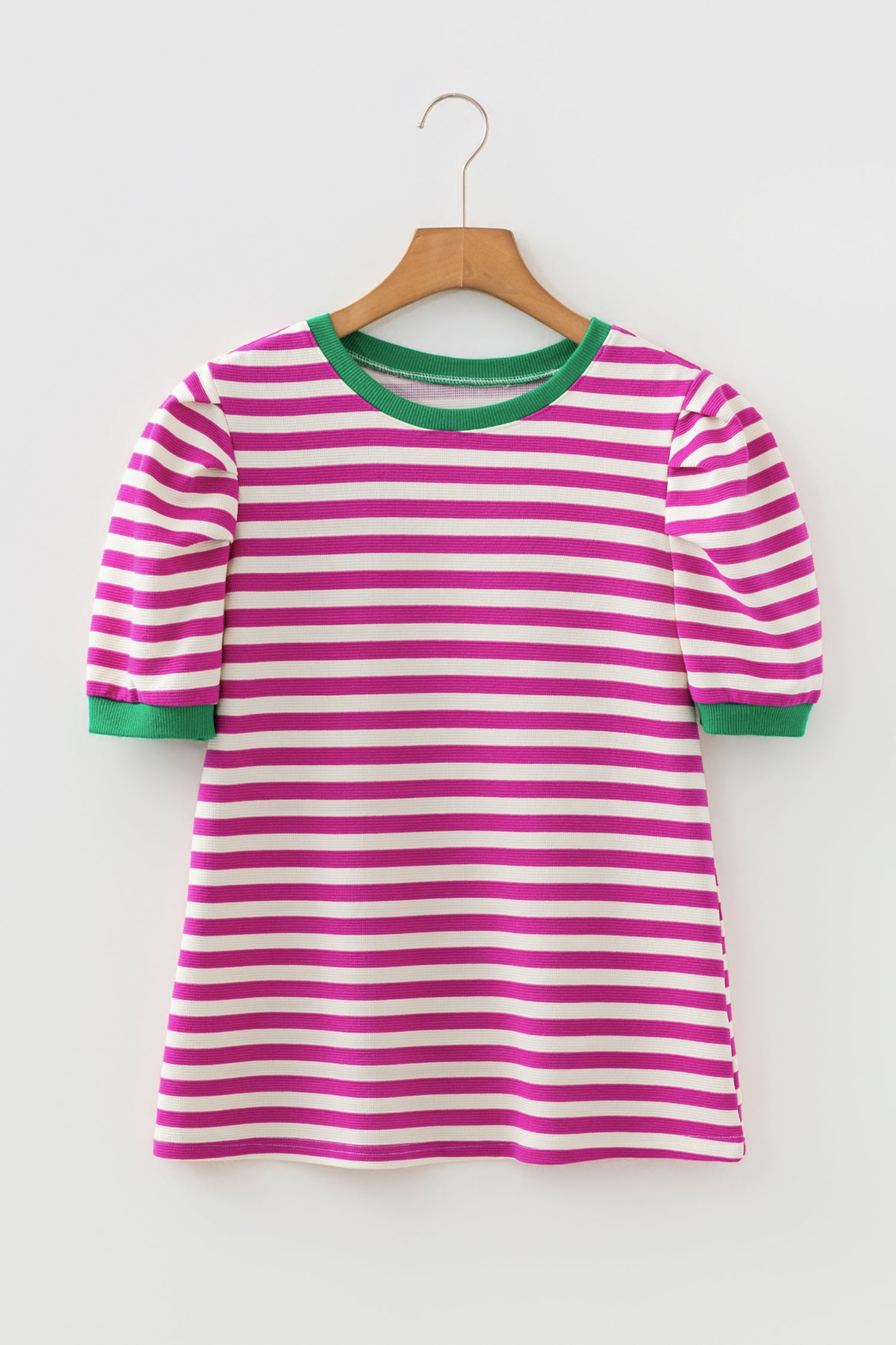 Rose Stripe Short Puff Sleeve Contrast Trim Round Neck Tee-Tops/Tops & Tees-[Adult]-[Female]-2022 Online Blue Zone Planet