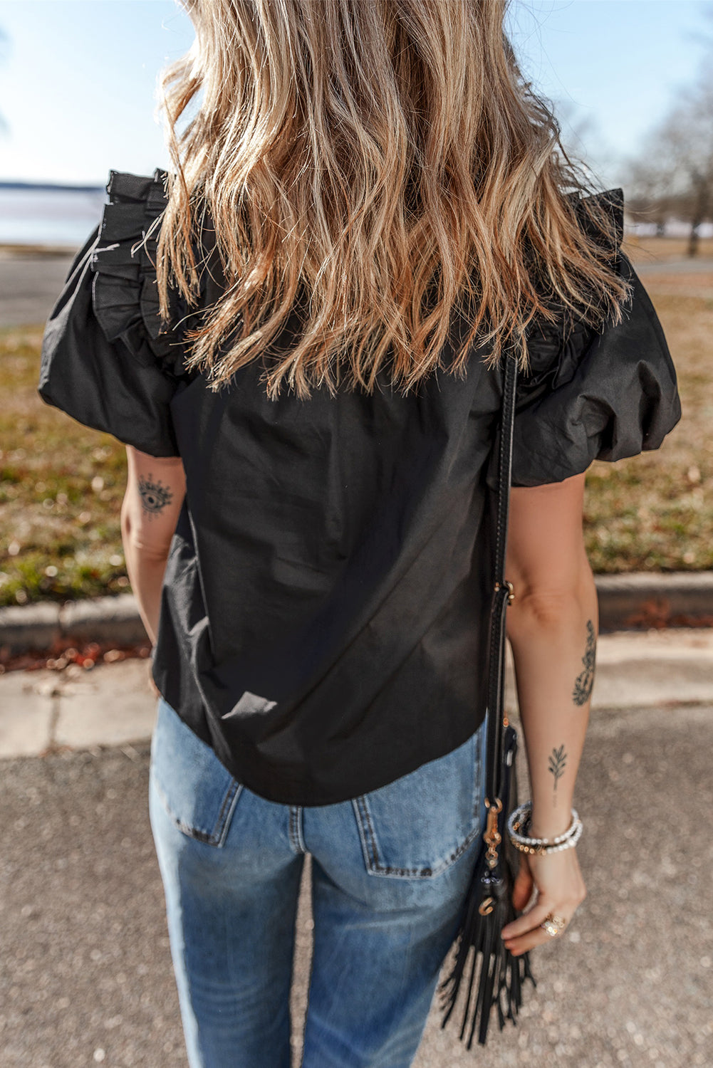 Black Ruffled Puff Short Sleeve Loose Blouse-Tops/Blouses & Shirts-[Adult]-[Female]-2022 Online Blue Zone Planet