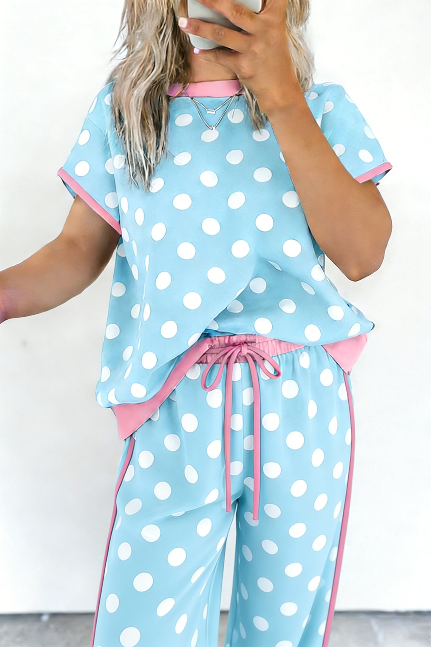 Sky Blue Polka Dot Short Sleeve Top and Pants Set-Two Piece Sets/Pant Sets-[Adult]-[Female]-2022 Online Blue Zone Planet