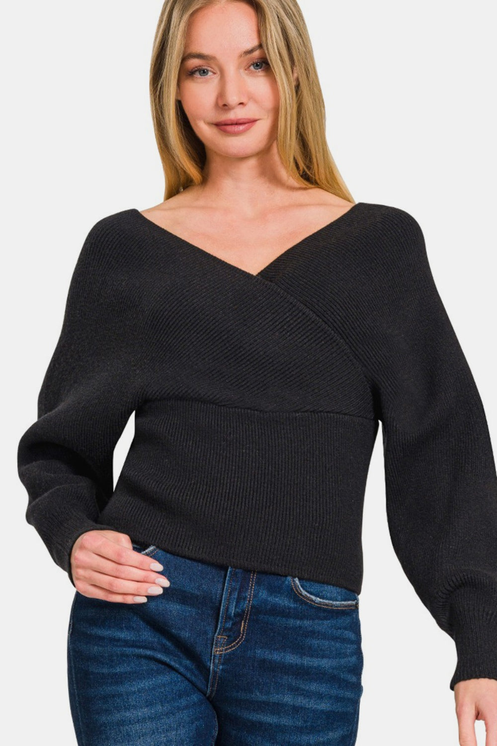 Blue Zone Planet | Zenana Cross Wrap Rib Long Sleeve Sweater-TOPS / DRESSES-[Adult]-[Female]-Black-S-2022 Online Blue Zone Planet