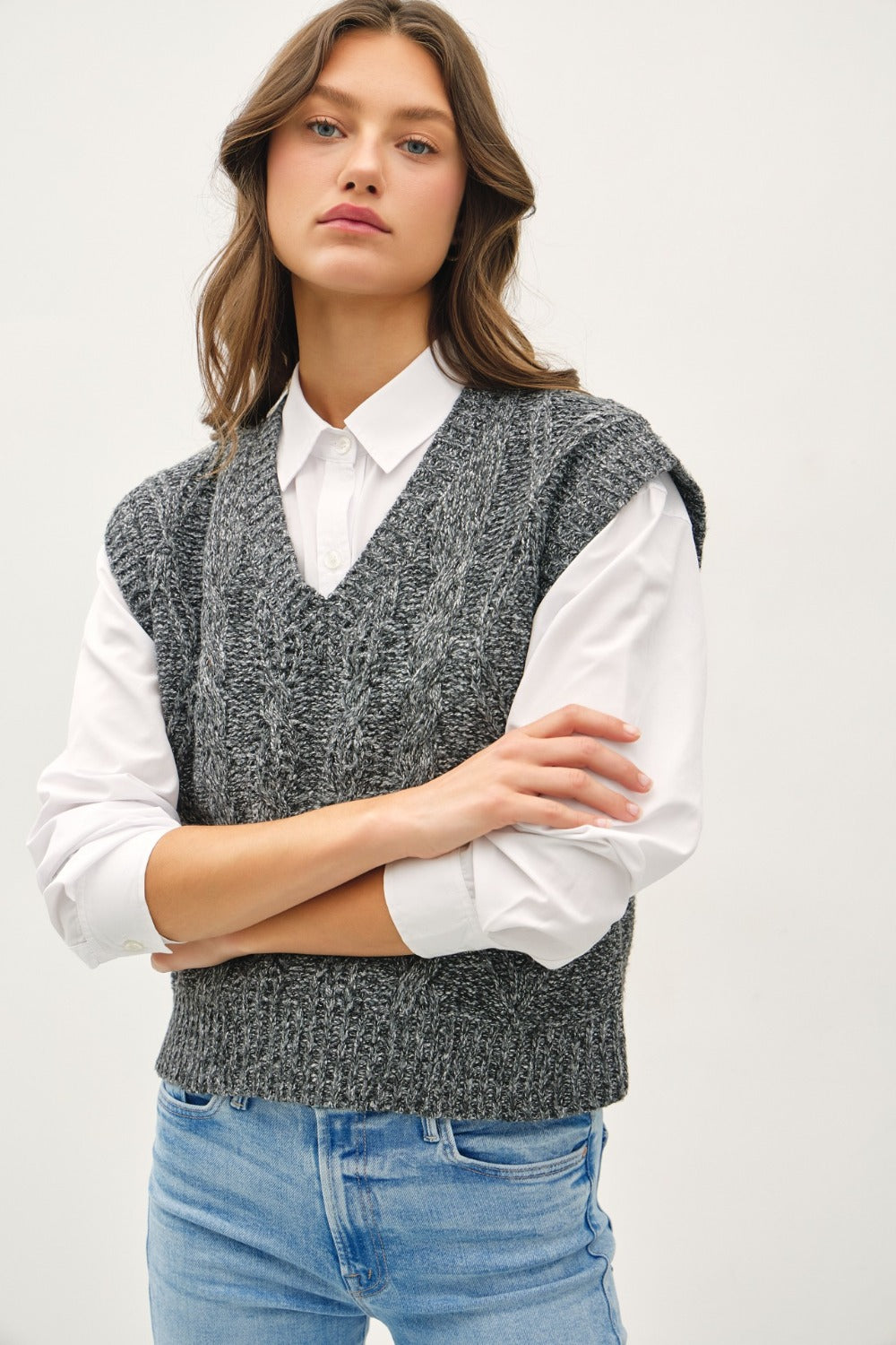 Blue Zone Planet | Be Cool Cable Knit V-Neck Sweater Vest-TOPS / DRESSES-[Adult]-[Female]-Charcoal-S/M-2022 Online Blue Zone Planet