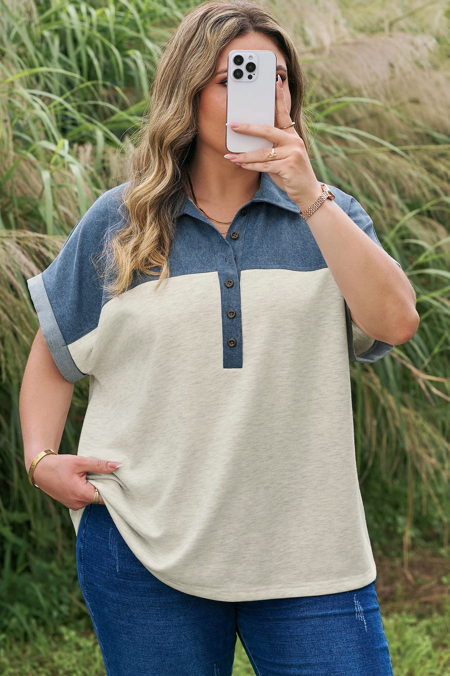 Light Grey Half Buttons Collared Denim Patchwork Plus Short Sleeve Top-Plus Size/Plus Size Tops/Plus Size Blouses & Shirts-[Adult]-[Female]-2022 Online Blue Zone Planet