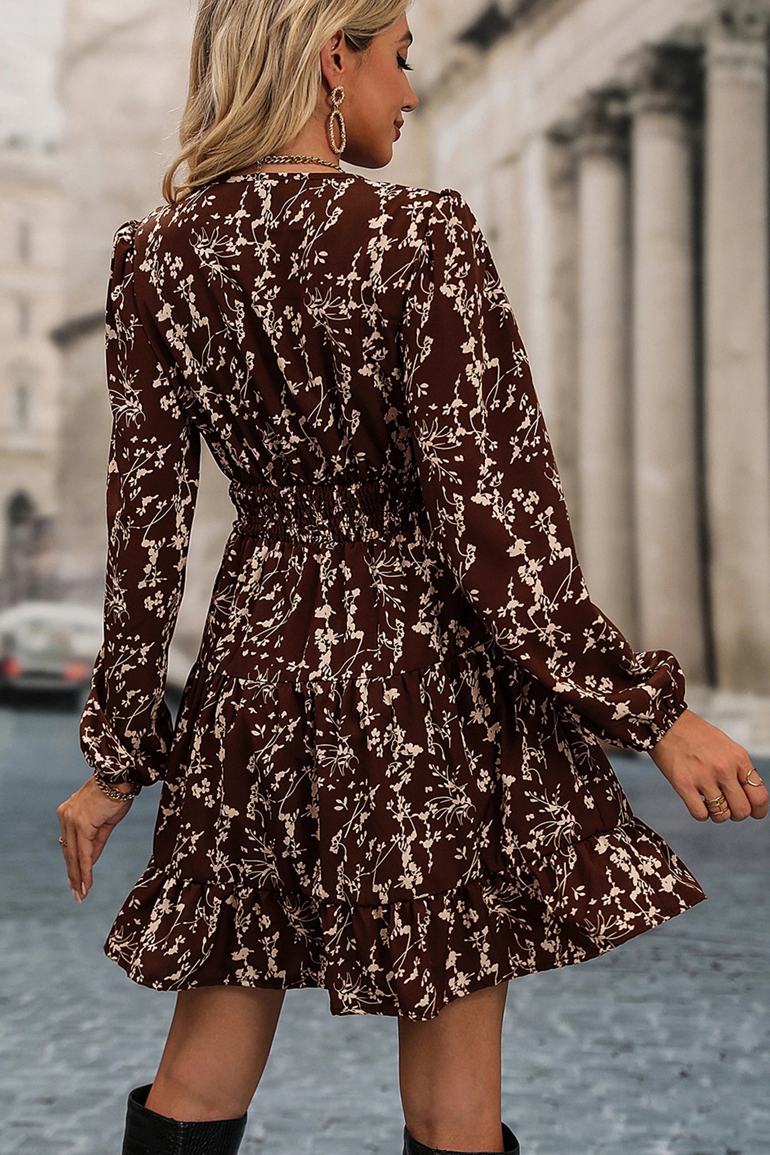 Brown Ditsy Floral Print Split Neck Long Sleeve Shirred Waist Flared Mini Dress-Dresses/Mini Dresses-[Adult]-[Female]-2022 Online Blue Zone Planet