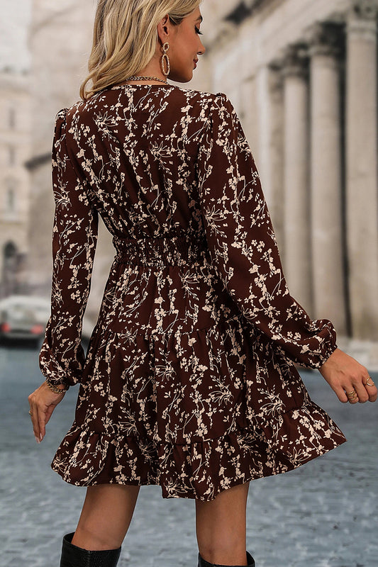 Brown Ditsy Floral Print Split Neck Long Sleeve Shirred Waist Flared Mini Dress-Dresses/Mini Dresses-[Adult]-[Female]-2022 Online Blue Zone Planet