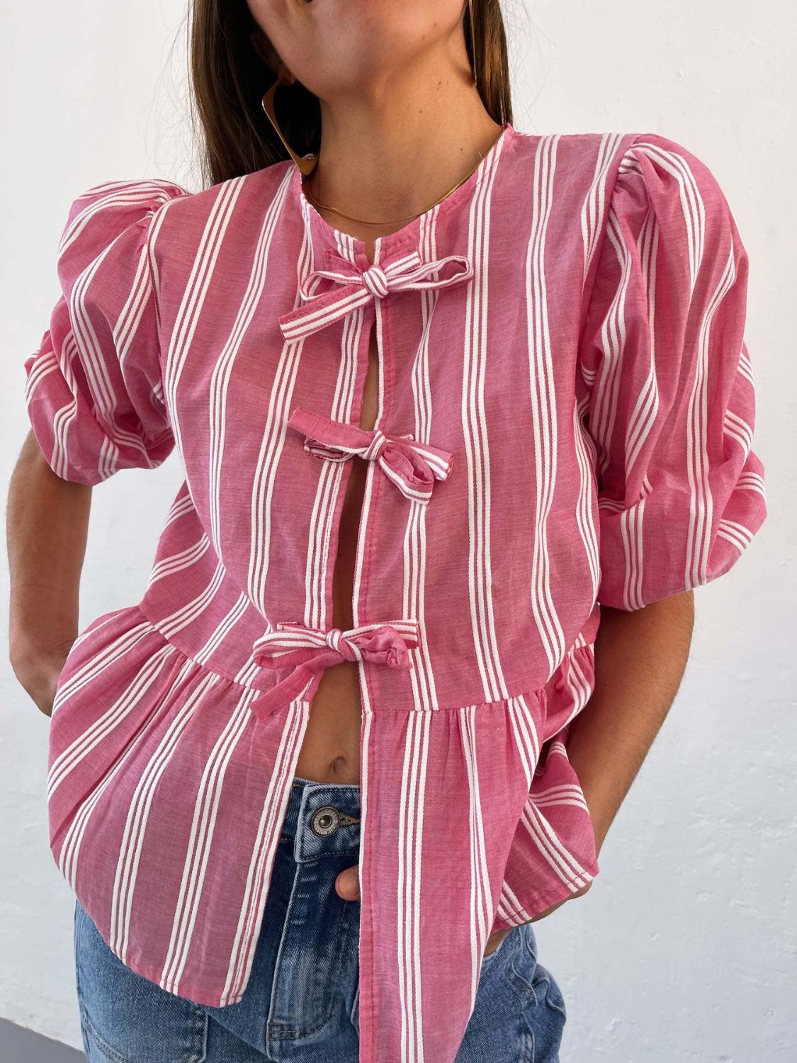 Tied Round Neck Balloon Sleeve Shirt-TOPS / DRESSES-[Adult]-[Female]-Fuchsia Pink-S-2022 Online Blue Zone Planet