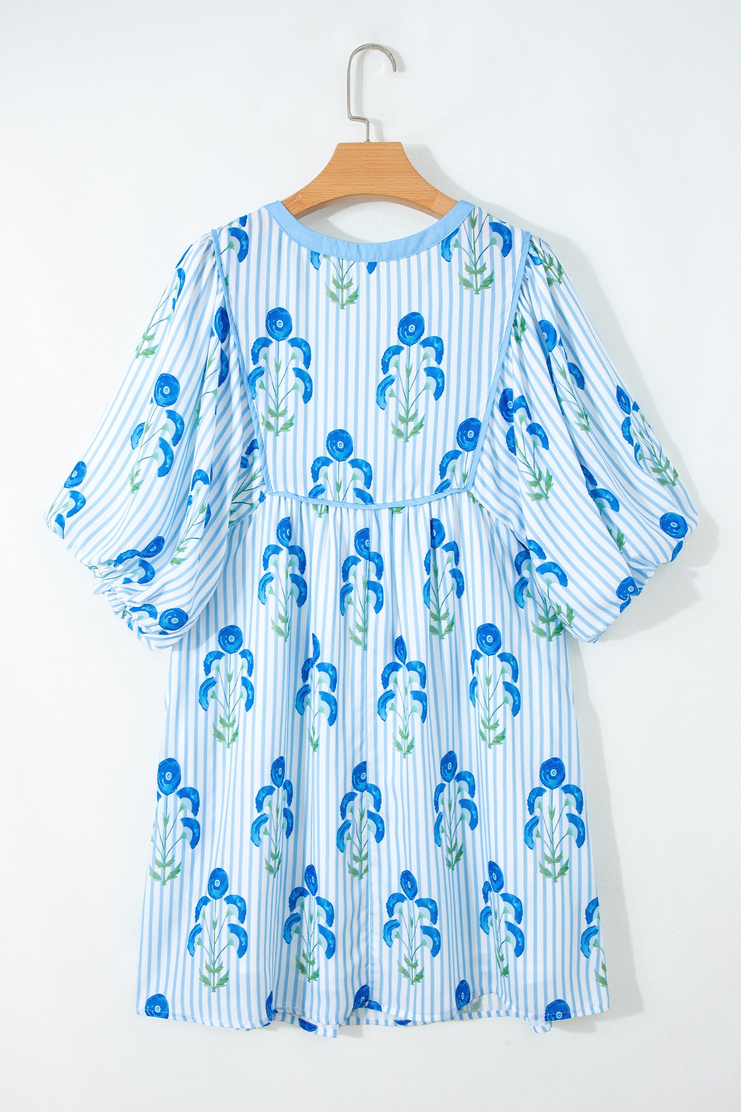 Sky Blue Floral Striped Print Tie Notched Neck Puff Sleeve Flared Mini Dress-TOPS / DRESSES-[Adult]-[Female]-2022 Online Blue Zone Planet