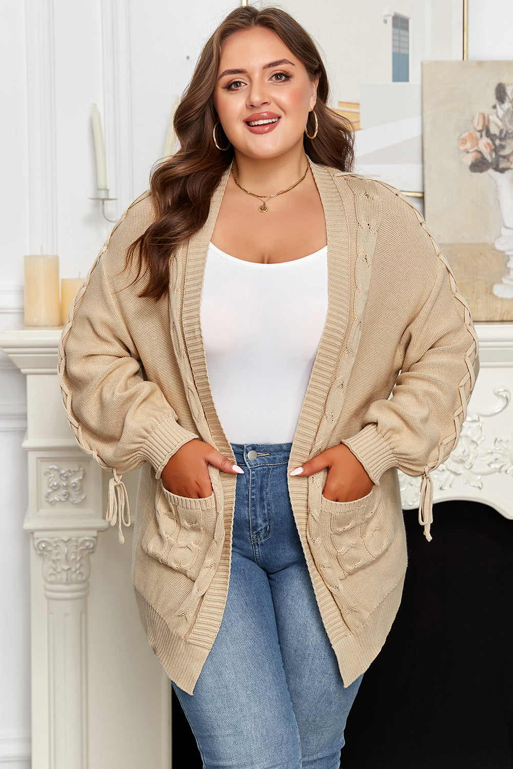 Parchment Cable Knit Braided Tie Sleeve Plus Size Open Cardigan-Plus Size/Plus Size Sweaters & Cardigans-[Adult]-[Female]-2022 Online Blue Zone Planet