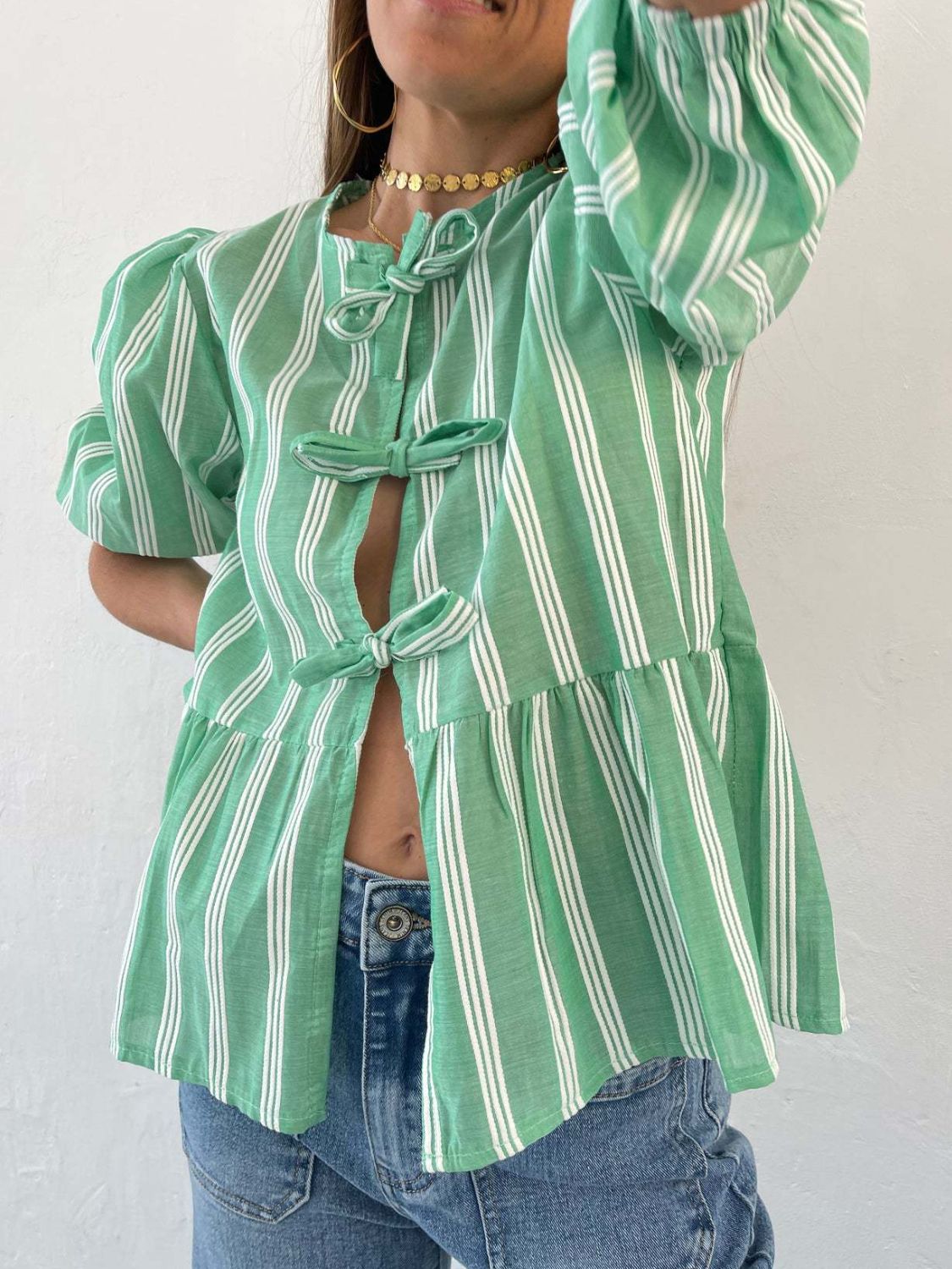 Tied Round Neck Balloon Sleeve Shirt-TOPS / DRESSES-[Adult]-[Female]-Green-S-2022 Online Blue Zone Planet