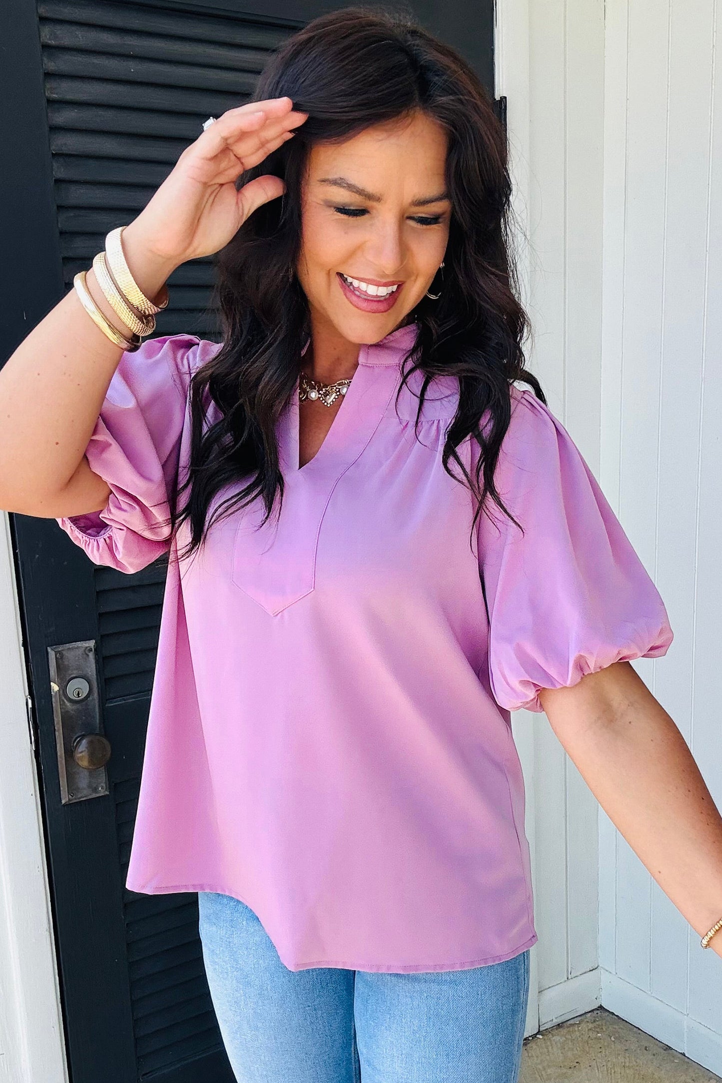 Phalaenopsis V Neck Puff Sleeve Summer Blouse-Tops/Blouses & Shirts-[Adult]-[Female]-2022 Online Blue Zone Planet