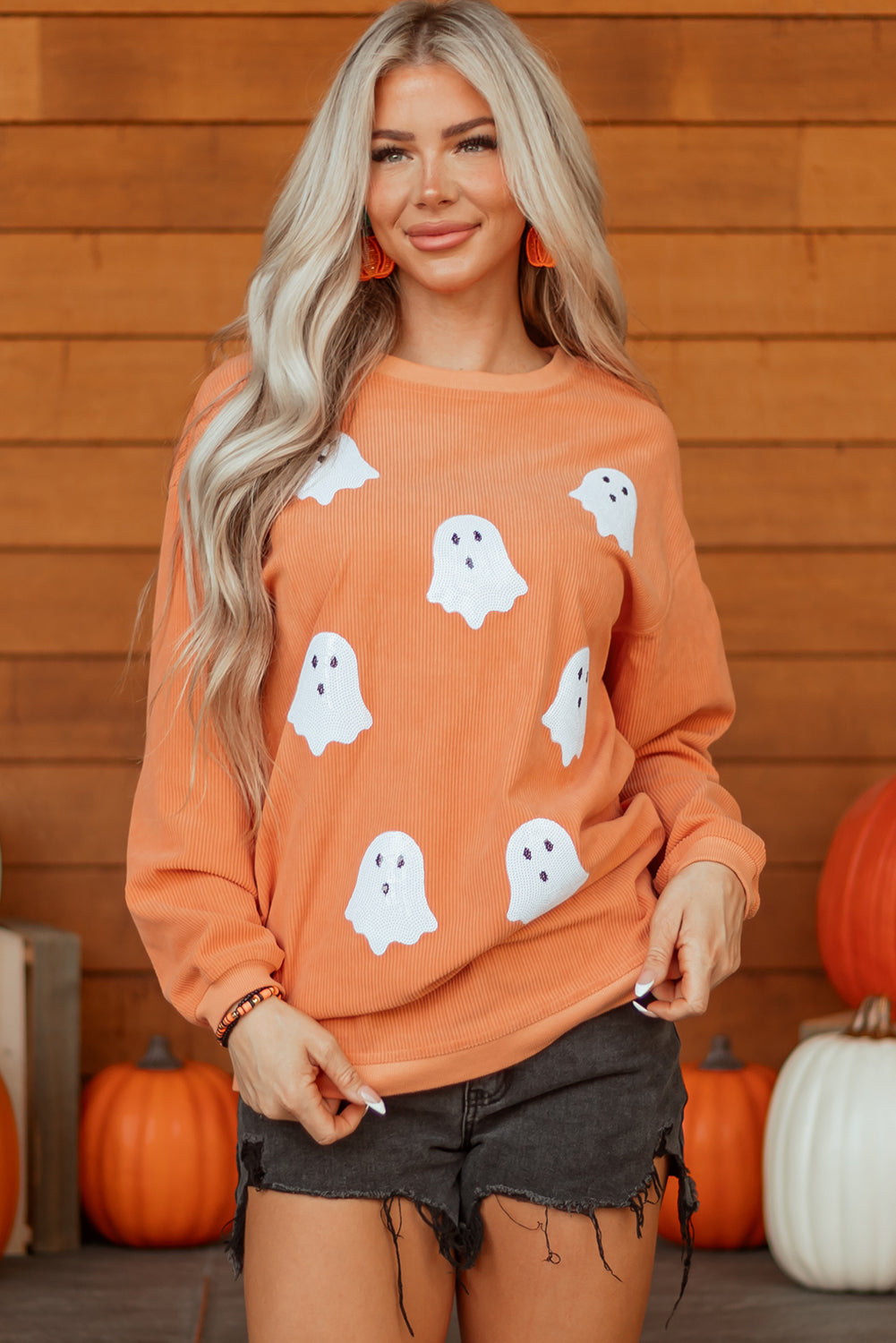 Orange Twisted Ribbed Texture Halloween Ghost Sequin Patched Sweatshirt-Graphic/Graphic Sweatshirts-[Adult]-[Female]-2022 Online Blue Zone Planet