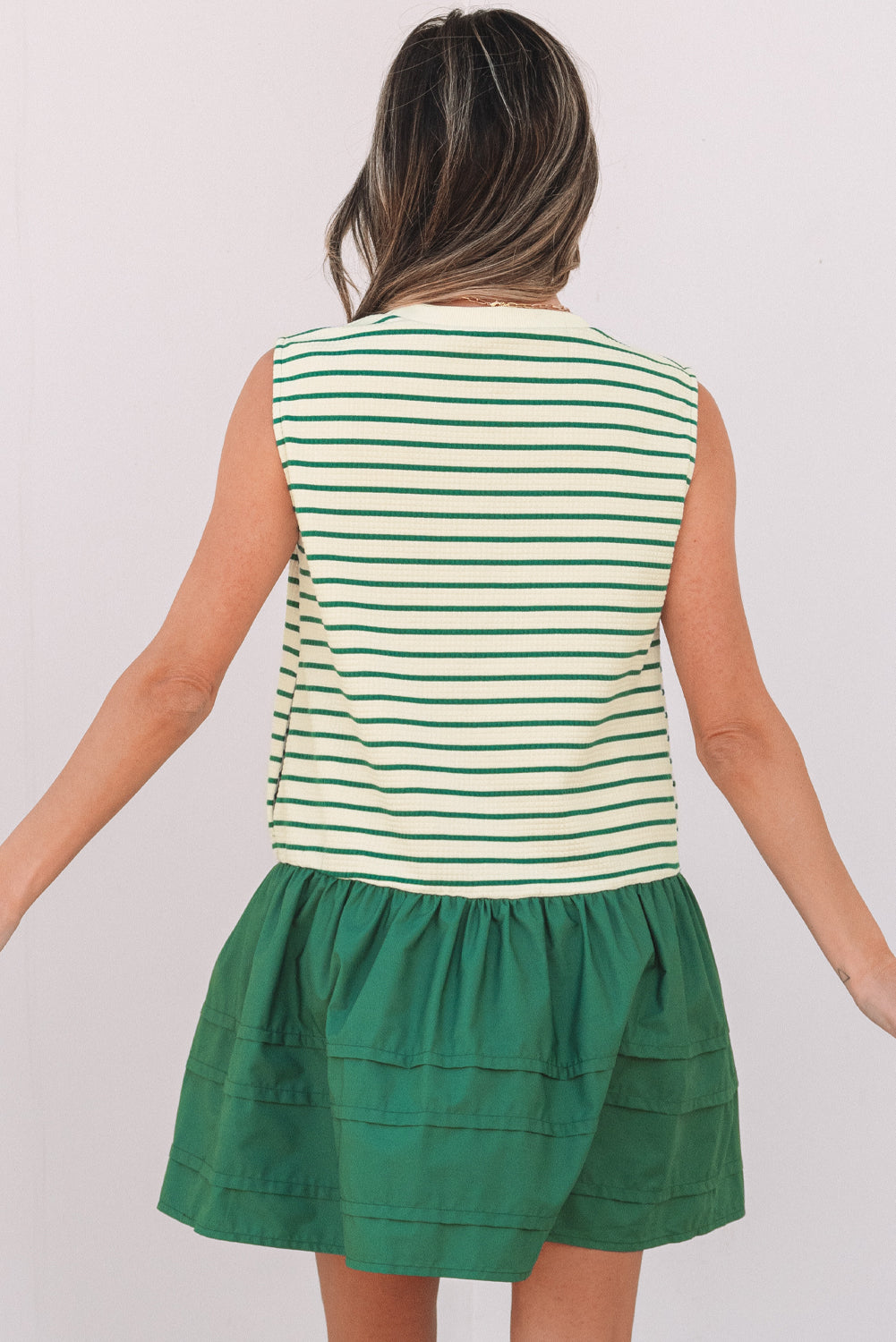 Green Stripe Woven Ruffled Sleeveless Mini Dress-Dresses/Mini Dresses-[Adult]-[Female]-2022 Online Blue Zone Planet