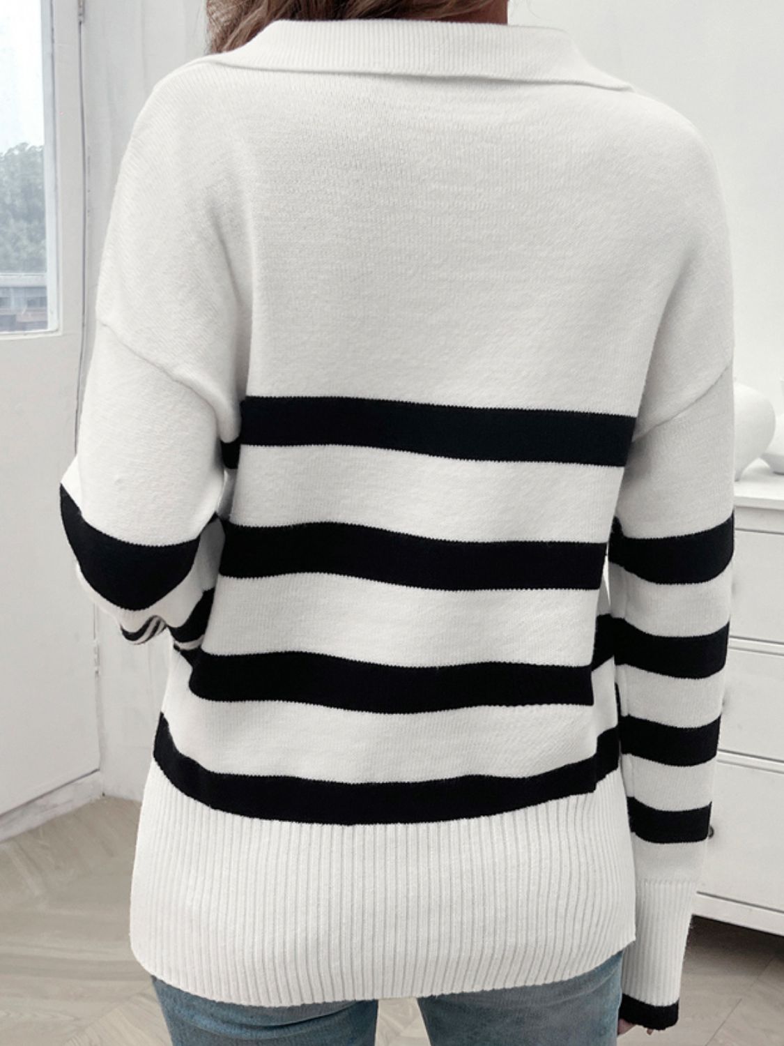 Striped Collared Neck Long Sleeve Sweater-TOPS / DRESSES-[Adult]-[Female]-2022 Online Blue Zone Planet