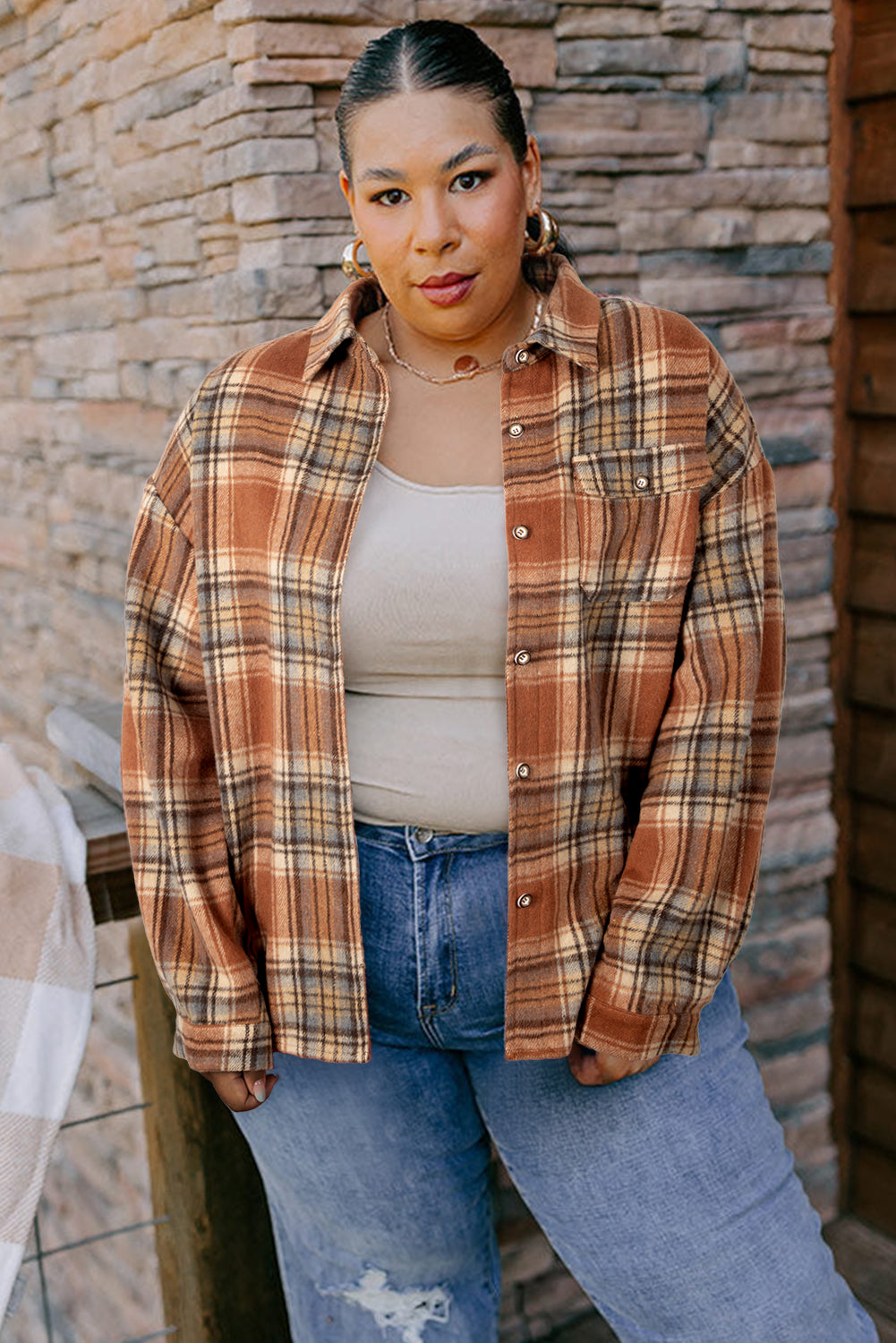 Brown Plaid Print Flap Pocket Buttoned Plus Size Shacket-Plus Size/Plus Size Outerwear-[Adult]-[Female]-2022 Online Blue Zone Planet