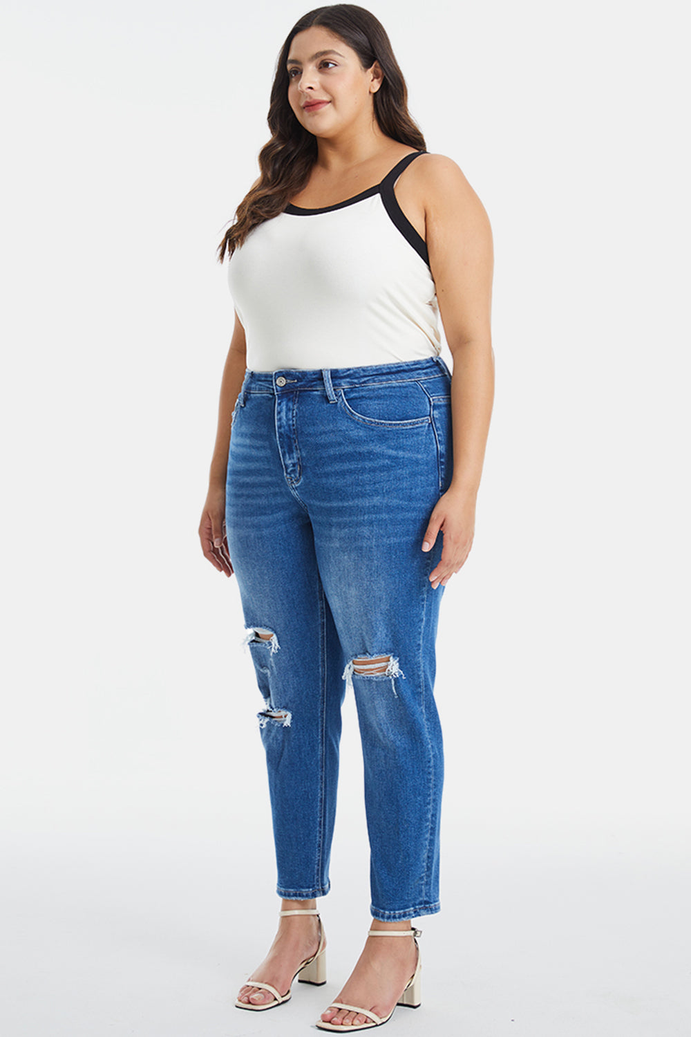 BAYEAS Full Size Distressed High Waist Mom Jeans BLUE ZONE PLANET