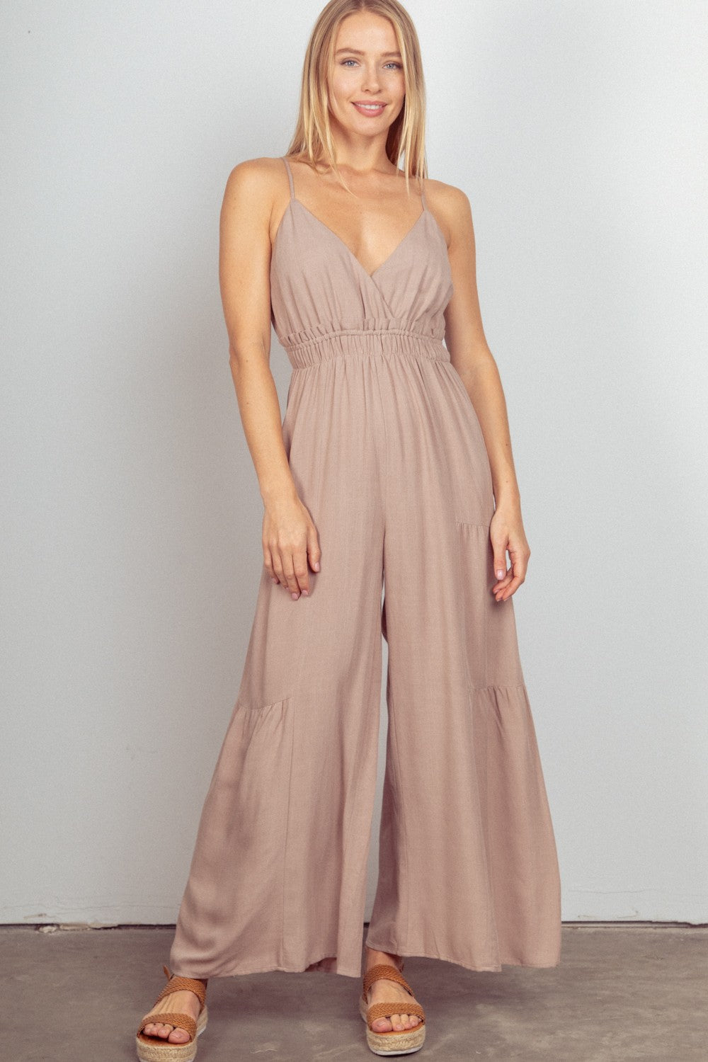 VERY J Sleeveless Ruched Wide Leg Jumpsuit-TOPS / DRESSES-[Adult]-[Female]-Natural-S-2022 Online Blue Zone Planet