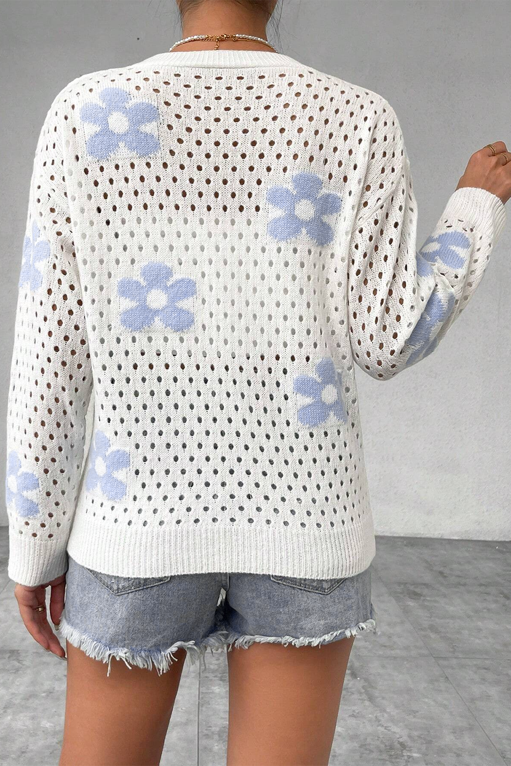 Blue Zone Planet | White Flower Knit Hollow Out Open Short Cardigan-Sweaters & Cardigans/Cardigans-[Adult]-[Female]-2022 Online Blue Zone Planet