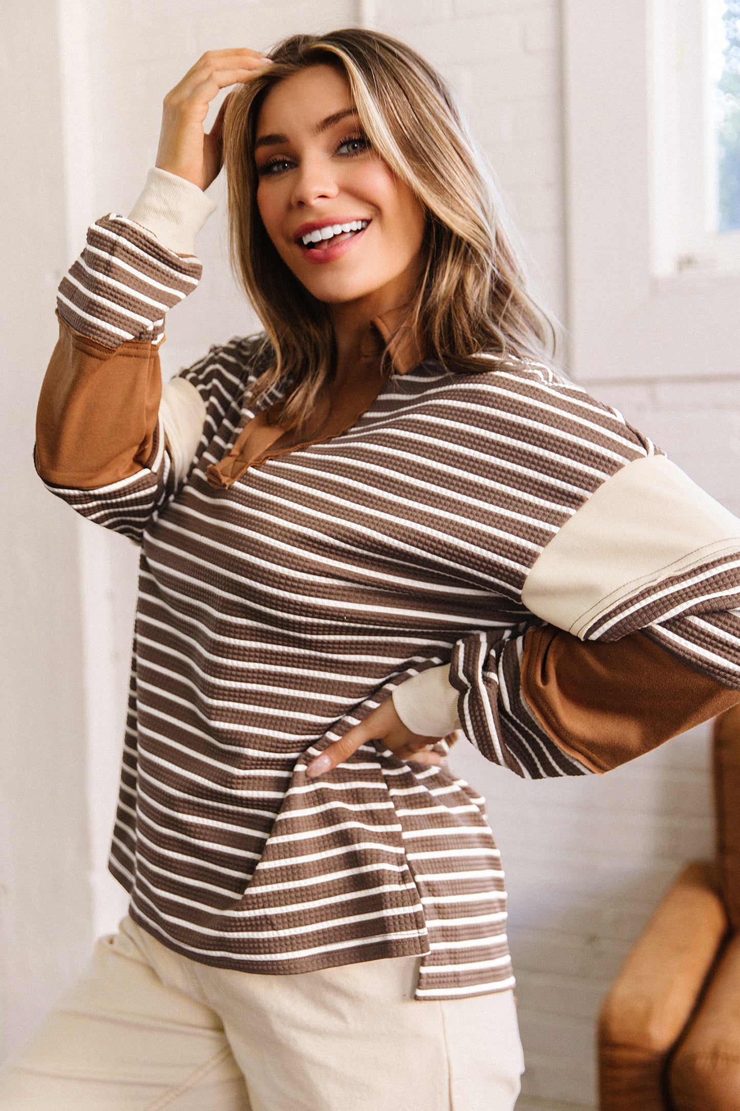 Brown Stripe Collar V Neck Color Block Detail Long Sleeve Pullover Top-Tops/Long Sleeve Tops-[Adult]-[Female]-2022 Online Blue Zone Planet
