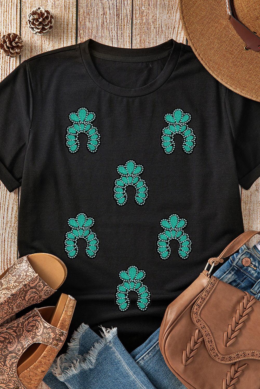 Black Western Turquoise Pattern Sequin Patched T Shirt-Graphic/Graphic Tees-[Adult]-[Female]-2022 Online Blue Zone Planet