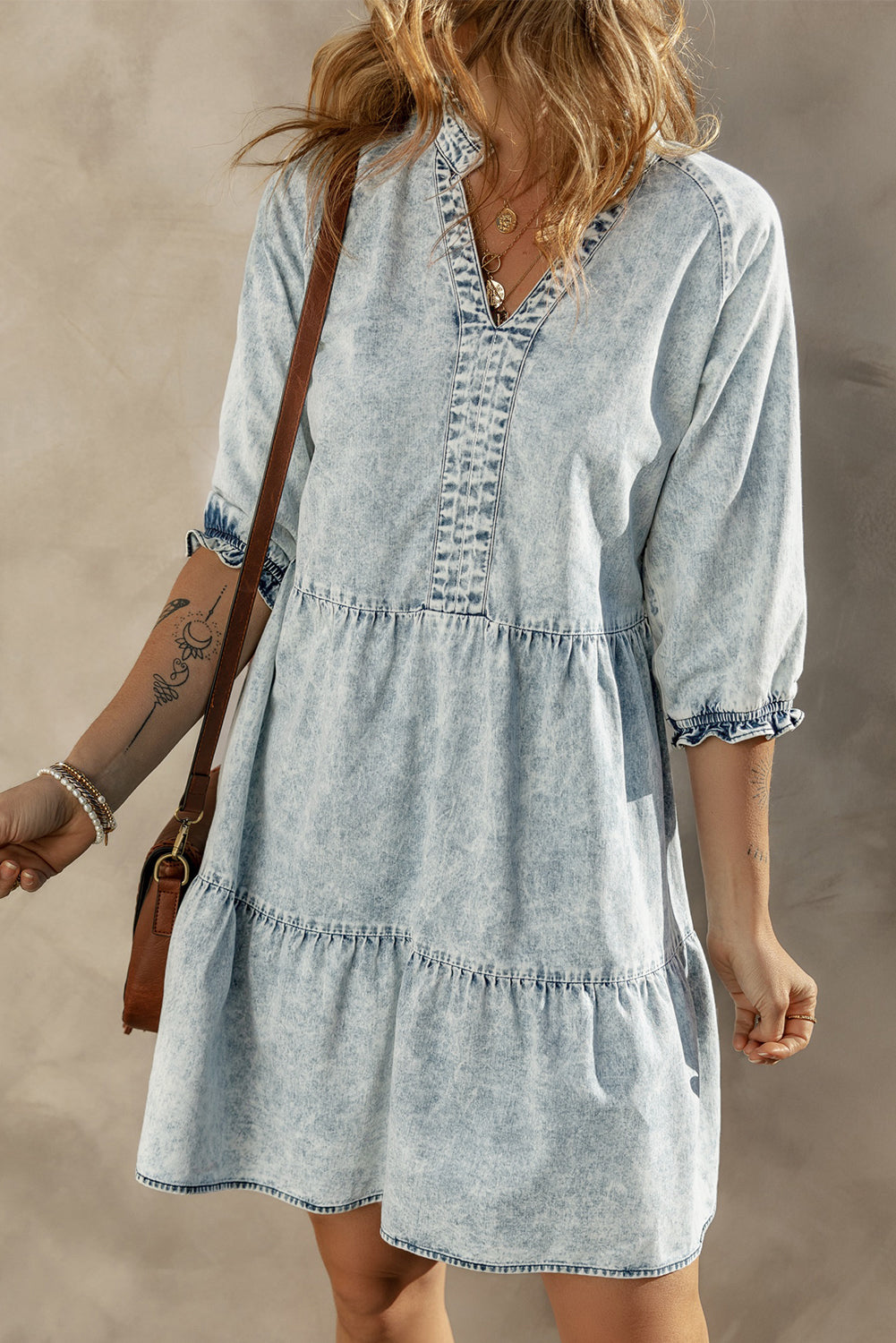 Blue Zone Planet |  Dusk Blue Acid Wash Retro Half Sleeve Flared Denim Dress Blue Zone Planet