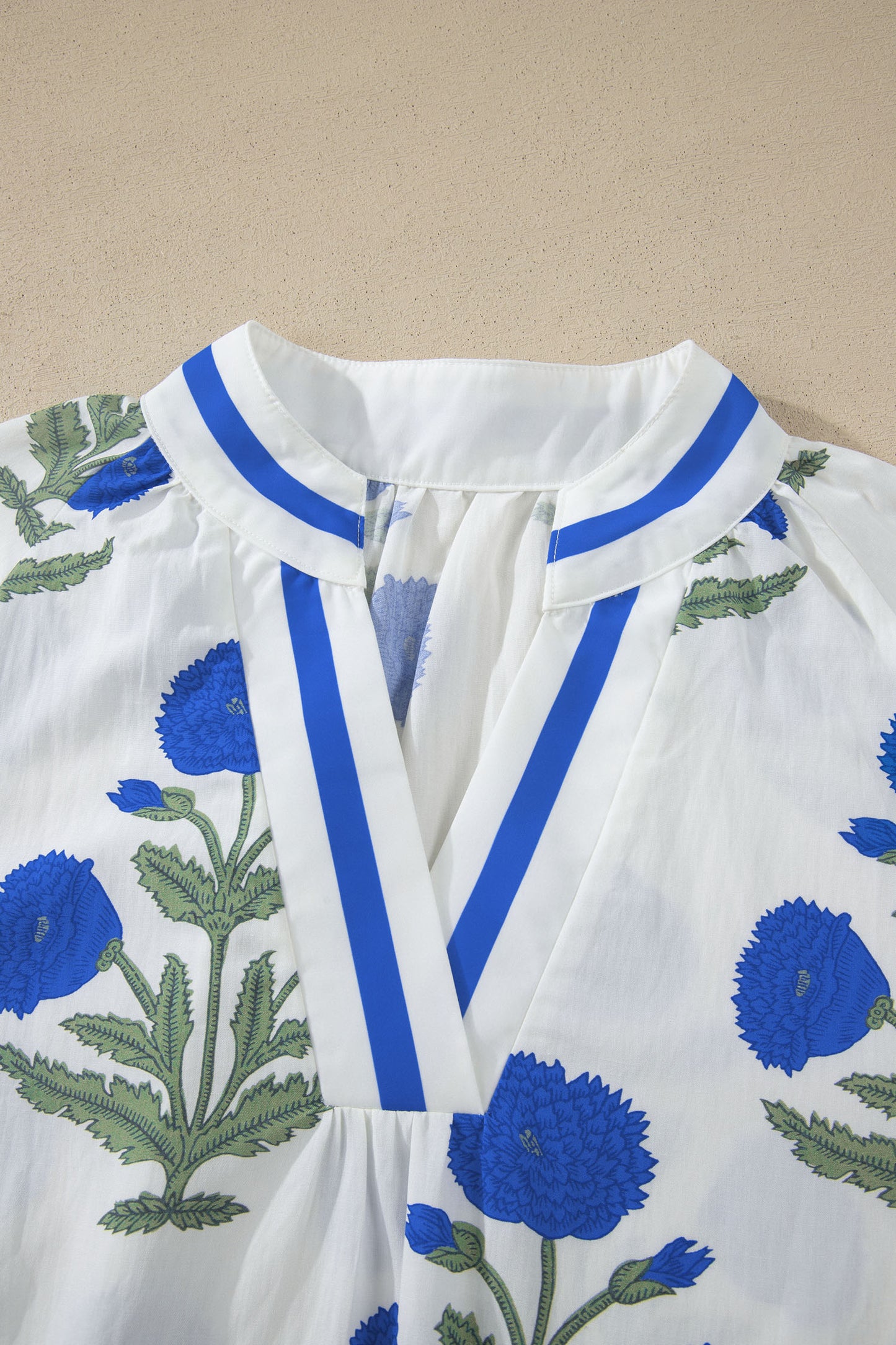 Sky Blue Casual Wild Flower Print V Neck 3/4 Sleeve Blouse-Tops/Blouses & Shirts-[Adult]-[Female]-2022 Online Blue Zone Planet