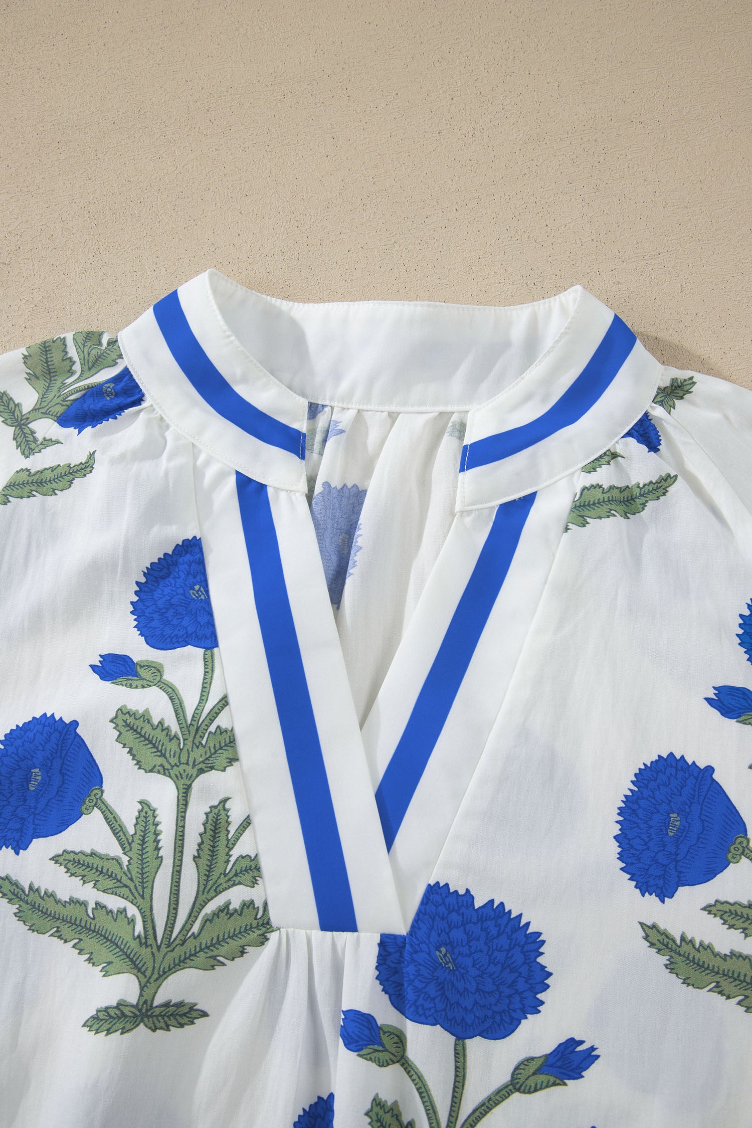 Sky Blue Casual Wild Flower Print V Neck 3/4 Sleeve Blouse-Tops/Blouses & Shirts-[Adult]-[Female]-2022 Online Blue Zone Planet