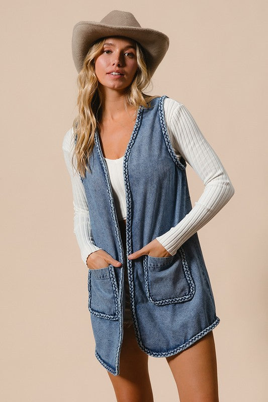 Blue Zone Planet | BiBi Braided Trim Open Front Denim Vest with Pockets-TOPS / DRESSES-[Adult]-[Female]-2022 Online Blue Zone Planet