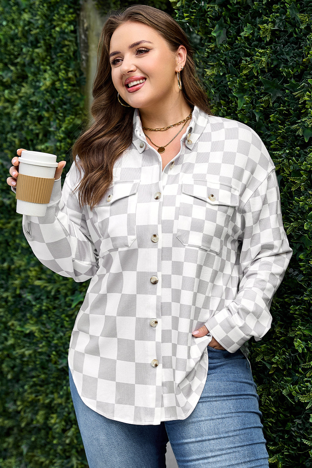 Khaki Plus Size Checkered Buttoned Down Casual Western Jacket-Plus Size/Plus Size Outerwear-[Adult]-[Female]-Khaki-1X-2022 Online Blue Zone Planet
