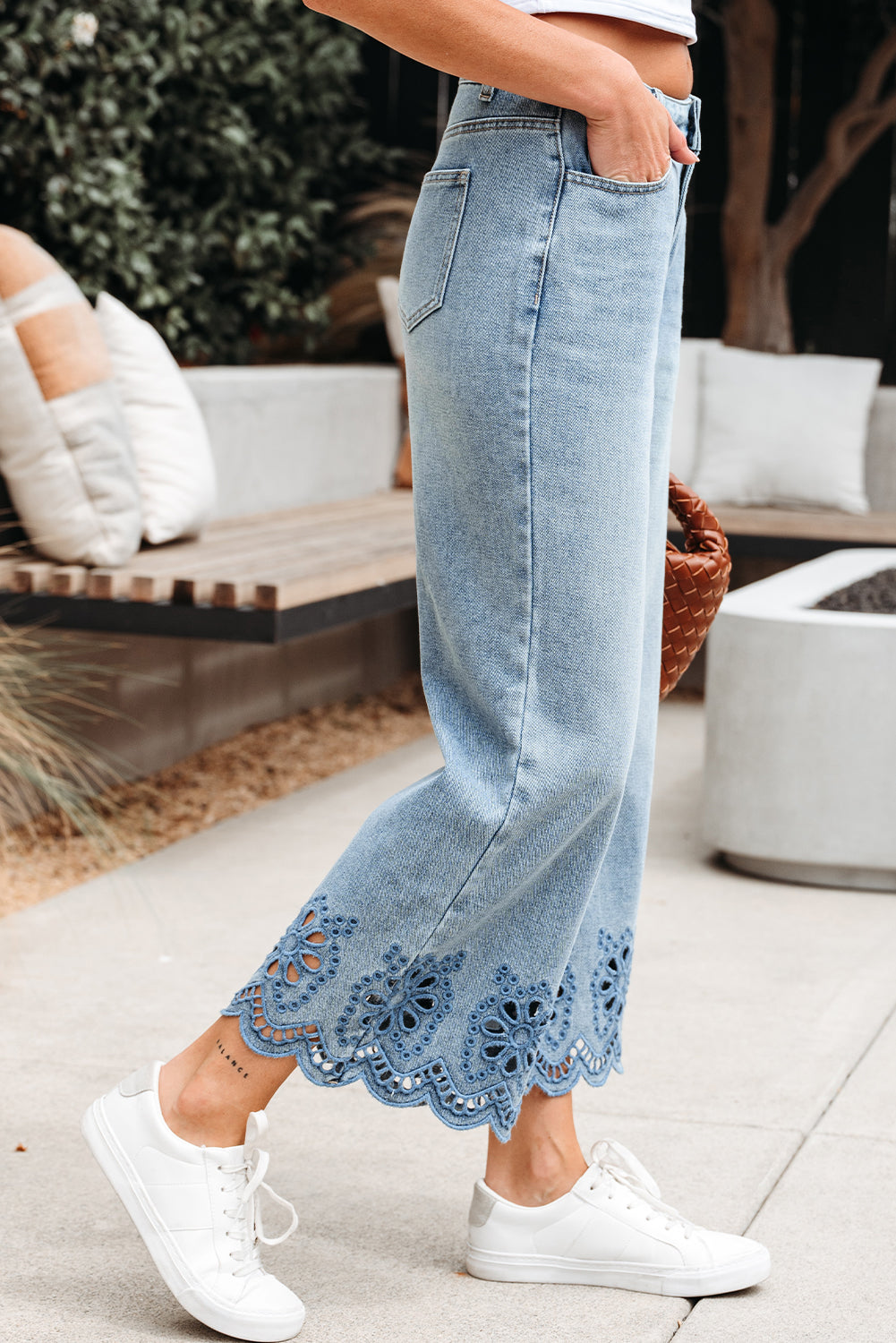 Dusk Blue Embroidered Cropped Wide Leg High Waist Jeans-Bottoms/Jeans-[Adult]-[Female]-2022 Online Blue Zone Planet