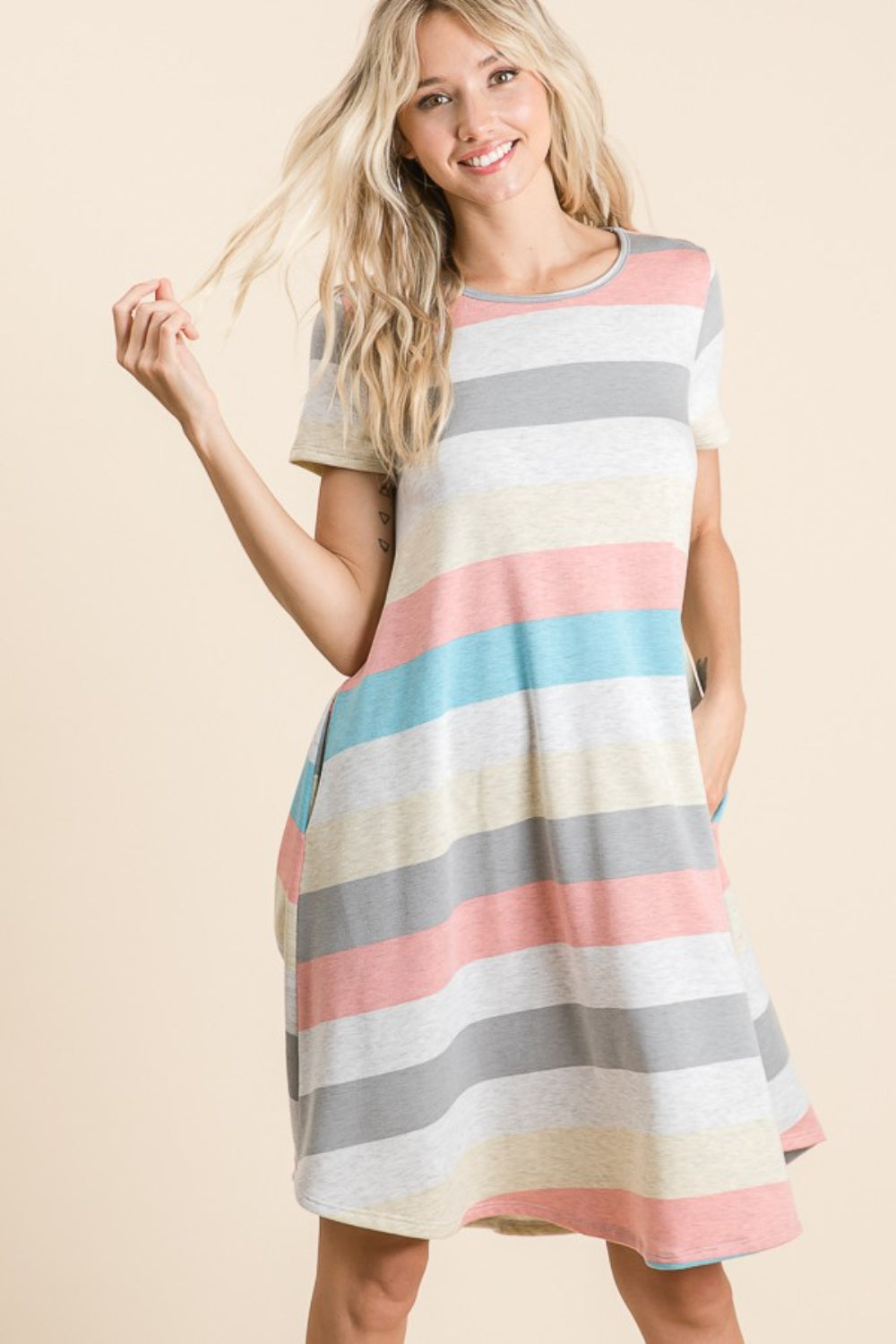 BOMBOM Striped Short Sleeve Dress with Pockets-TOPS / DRESSES-[Adult]-[Female]-2022 Online Blue Zone Planet
