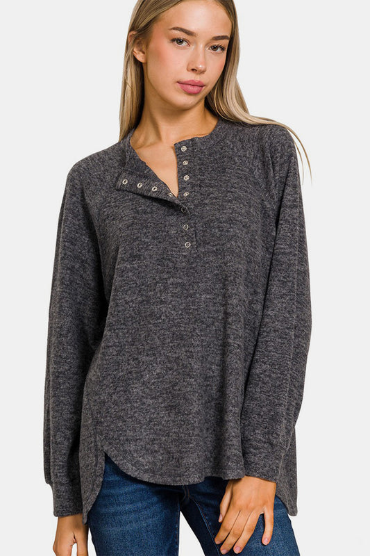 Zenana Full Size Brushed Melange Hacci High-Low Sweater-TOPS / DRESSES-[Adult]-[Female]-Black-S/M-2022 Online Blue Zone Planet