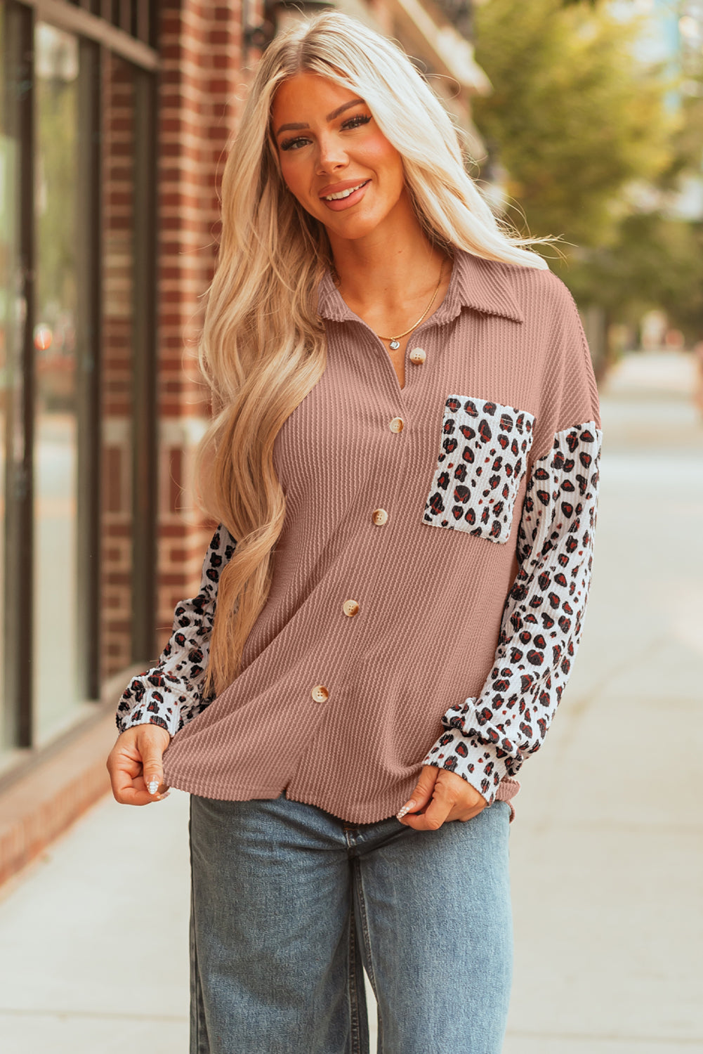 Dark Khaki Leopard Patched Twisted Ribbed Western Casual Shacket-Outerwear/Jackets-[Adult]-[Female]-2022 Online Blue Zone Planet
