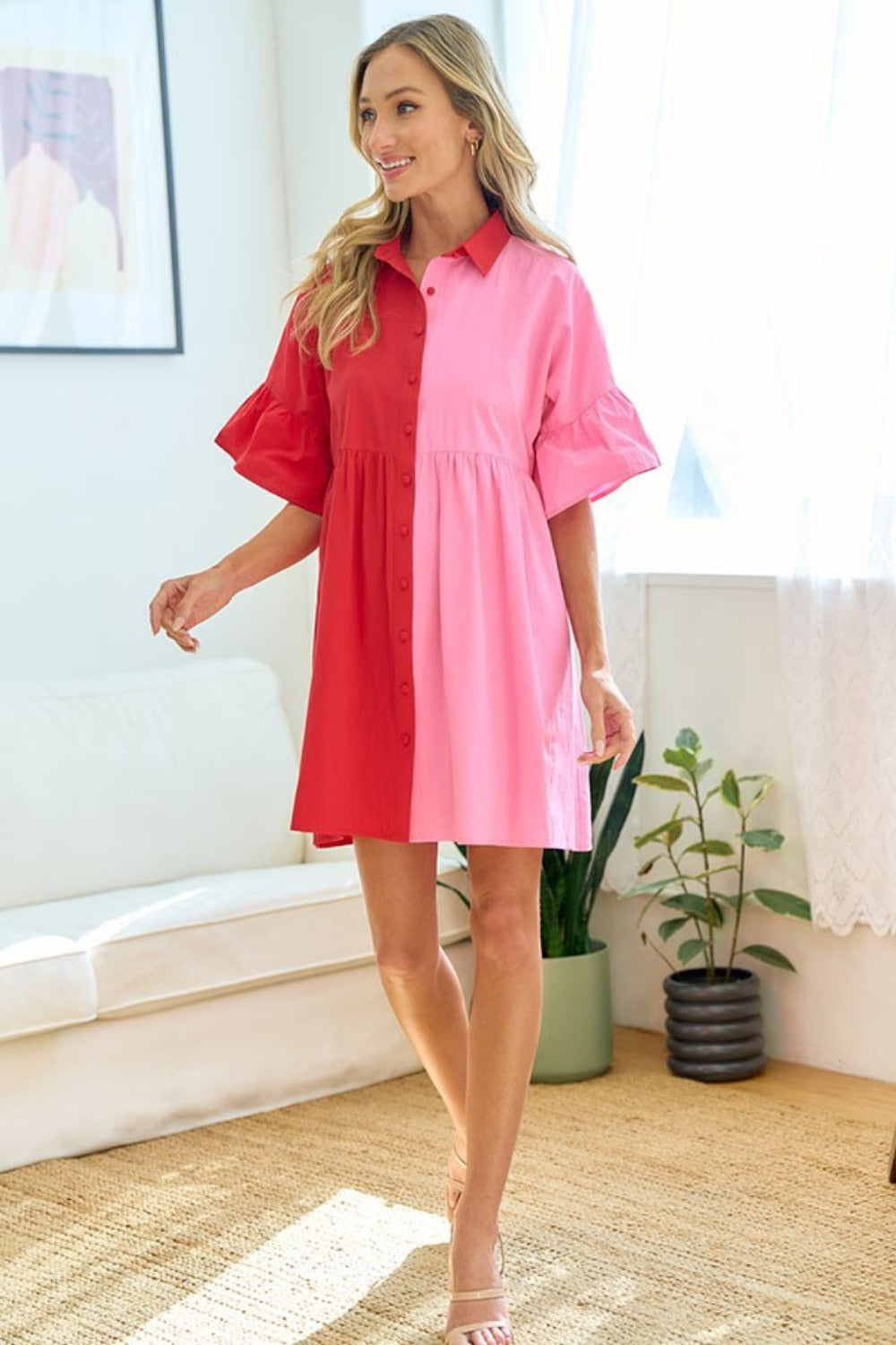 First Love Full Size Color Blocked Button Down Babydoll Dress-TOPS / DRESSES-[Adult]-[Female]-2022 Online Blue Zone Planet