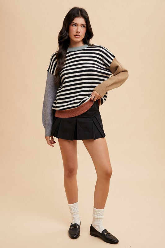 Annie Wear Striped Color Block Round Neck Sweater-TOPS / DRESSES-[Adult]-[Female]-2022 Online Blue Zone Planet