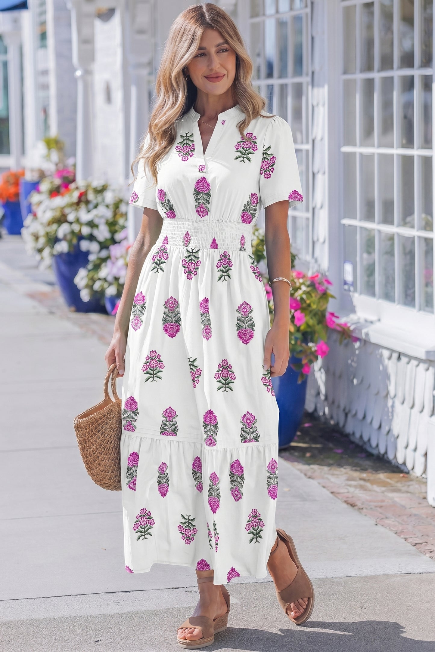 White Floral Print Split Neck Shirred High Waist Ruffle Hem Maxi Dress-TOPS / DRESSES-[Adult]-[Female]-2022 Online Blue Zone Planet