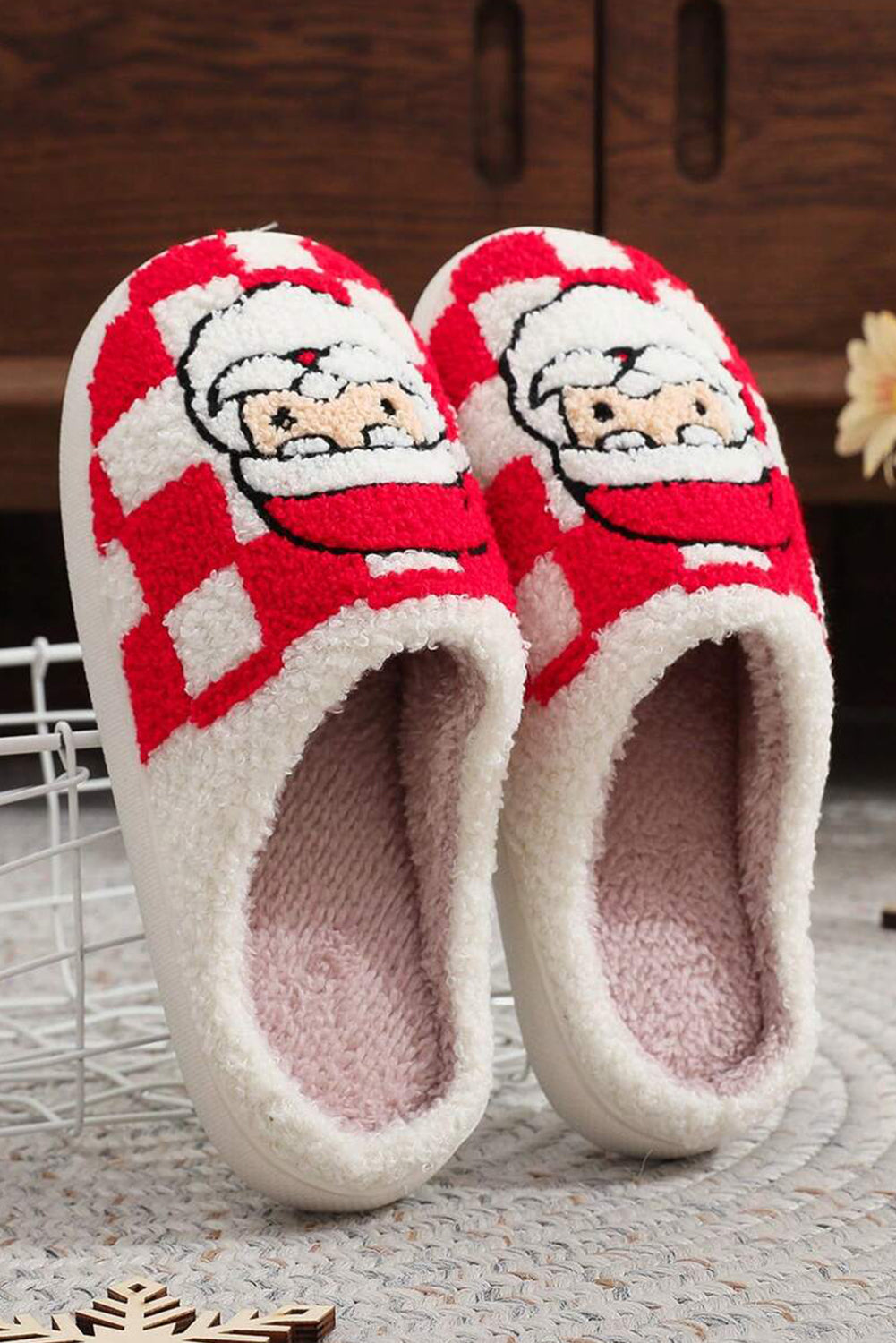 Blue Zone Planet | Fiery Red Checkered Santa Claus Graphic Plush Home Slippers-Shoes & Bags/Slippers-[Adult]-[Female]-2022 Online Blue Zone Planet