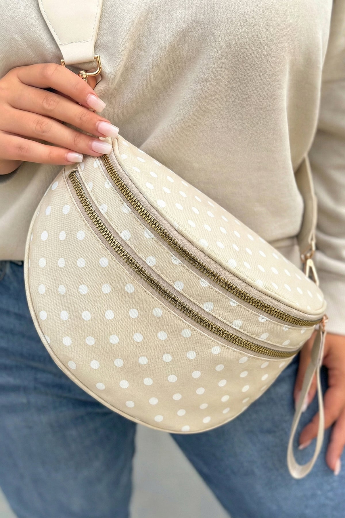 Blackish Green Retro Polka Dot Print Double Zip Crossbody Bag-Shoes & Bags/Crossbody Bags-[Adult]-[Female]-Beige-ONE SIZE-2022 Online Blue Zone Planet