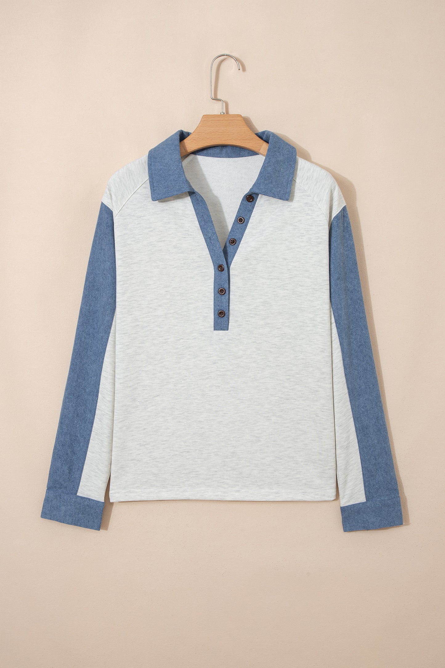 Light Grey Denim Patchwork Buttoned Polo Collar Long Sleeve Top-Tops/Long Sleeve Tops-[Adult]-[Female]-2022 Online Blue Zone Planet