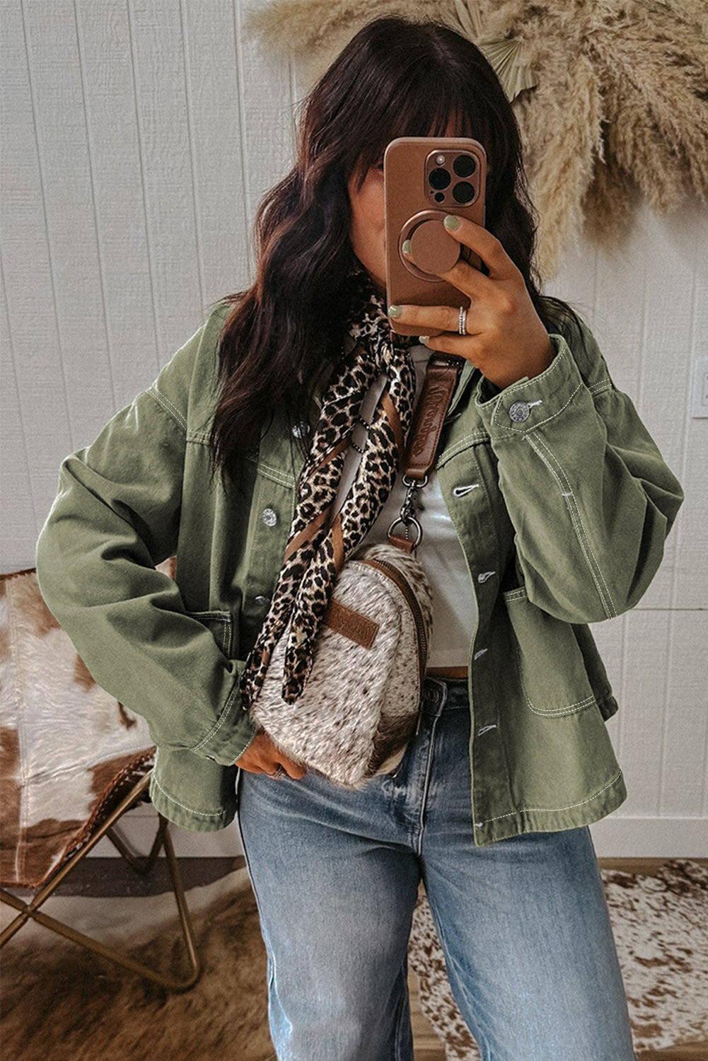 Smoke Green Patched Pocket Collared Button Front Boyfriend Denim Jacket-Outerwear/Denim jackets-[Adult]-[Female]-2022 Online Blue Zone Planet