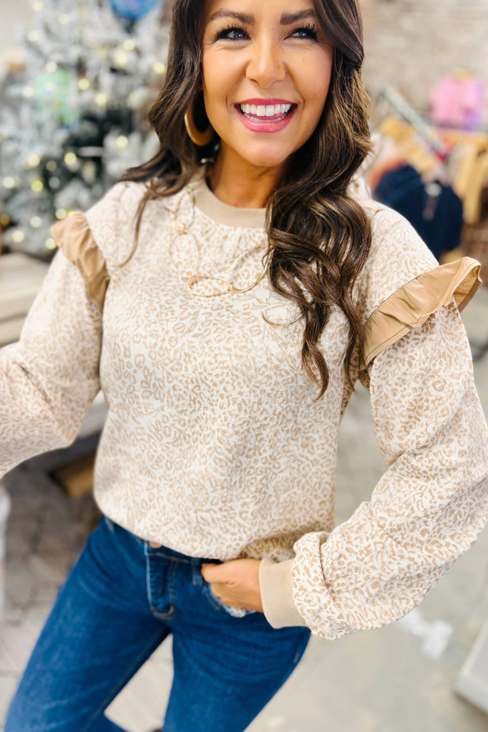 Khaki Leopard Ruffle Detail Ribbed Trim Round Neck Sweatshirt-Tops/Sweatshirts & Hoodies-[Adult]-[Female]-2022 Online Blue Zone Planet