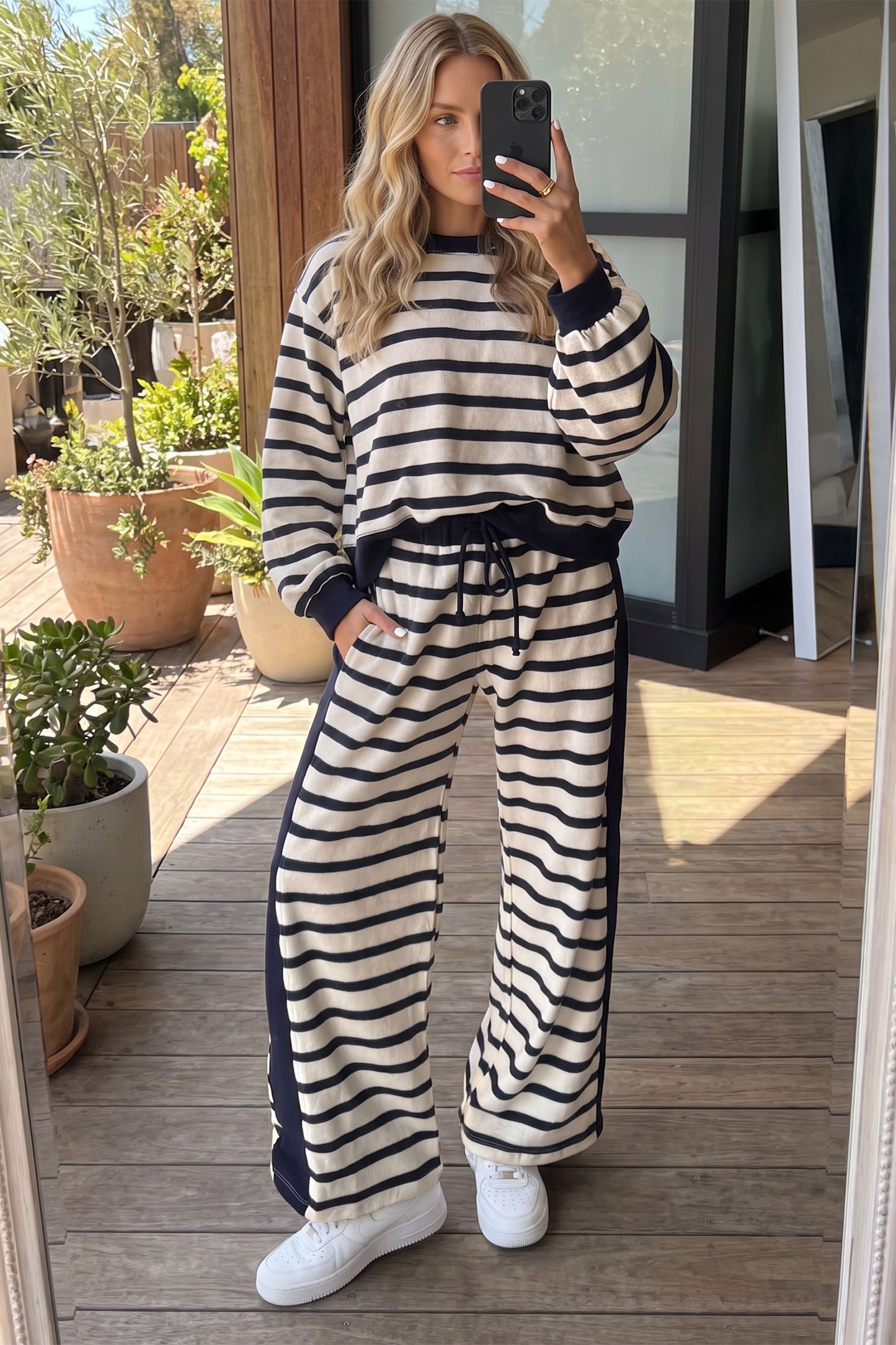 Beige Stripe Relaxed Long Sleeve Top Color Block Detail Drawstring Pant Set