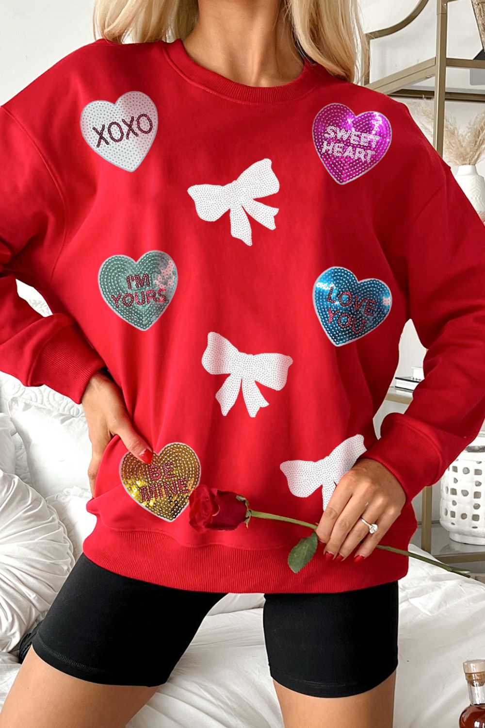 Valentine’s Day Sequin Bow Heart Round Neck Sweatshirt-TOPS / DRESSES-[Adult]-[Female]-Red-S-2022 Online Blue Zone Planet