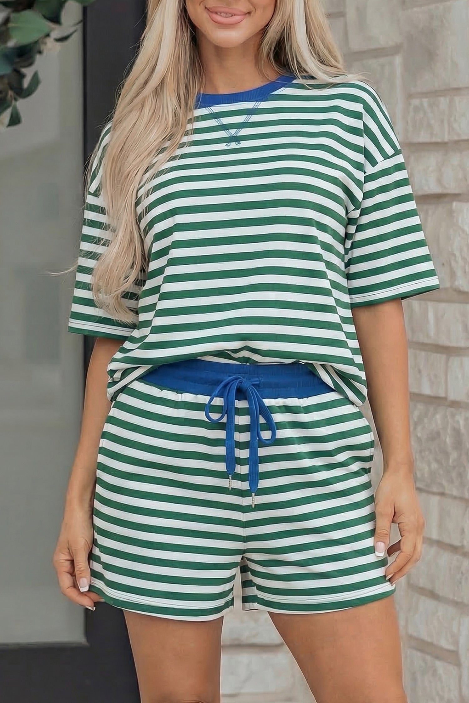 Green Stripe Drop Shoulder Boxy Casual Terry Short Set-Two Piece Sets/Short Sets-[Adult]-[Female]-2022 Online Blue Zone Planet