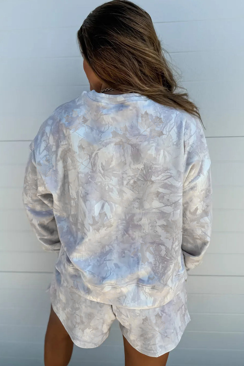 Beige Camo Print Pullover Top And Elastic Waist Casual Short Set-Two Piece Sets/Short Sets-[Adult]-[Female]-2022 Online Blue Zone Planet