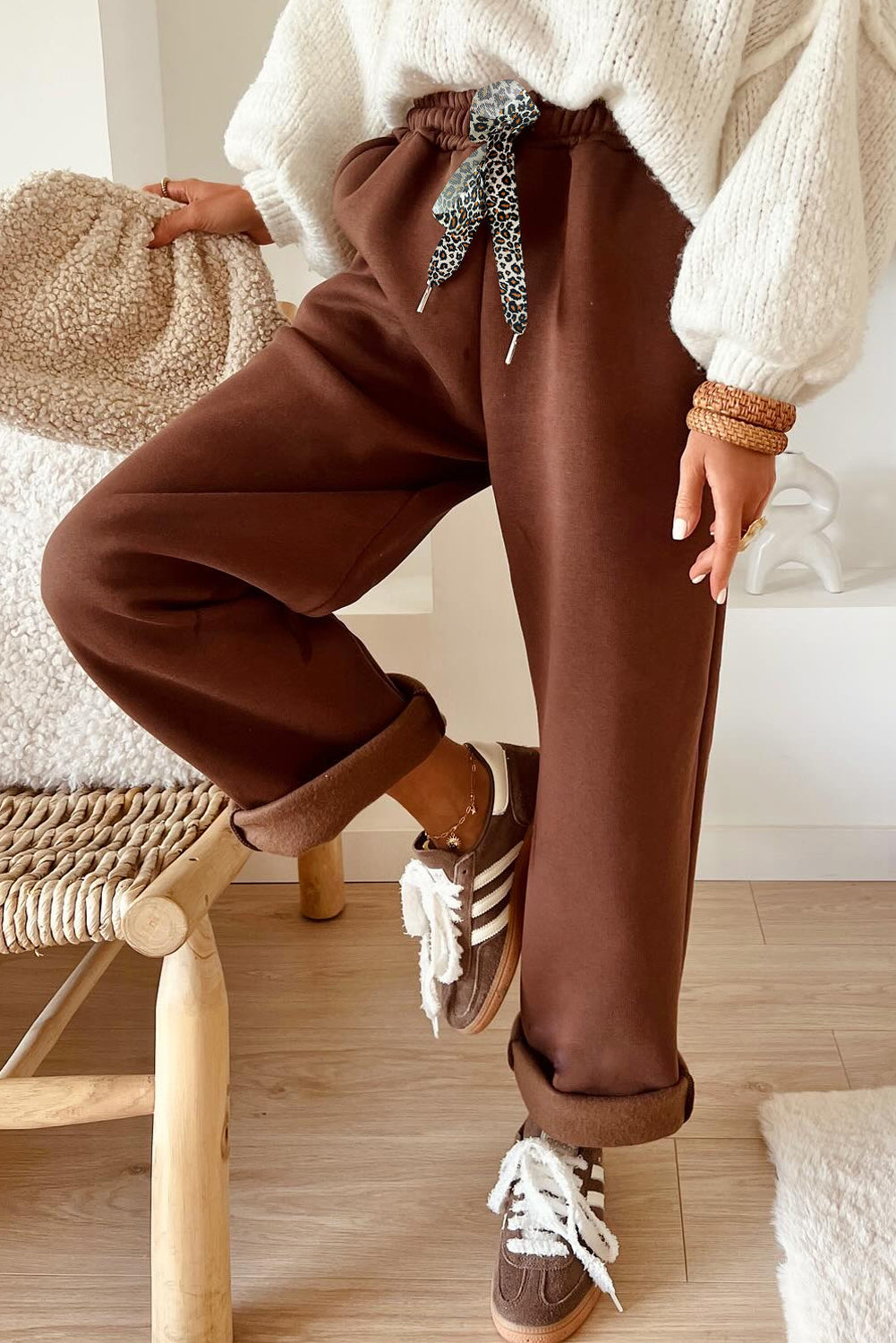 Coffee Fleece Lined Leopard Drawstring Elastic Waist Solid Pants-Bottoms/Pants & Culotte-[Adult]-[Female]-2022 Online Blue Zone Planet