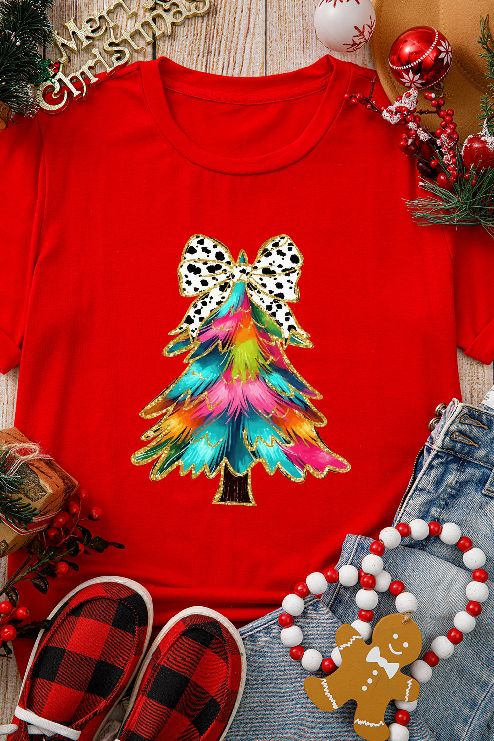 Blue Zone Planet | Red Bow Decor Christmas Tree Graphic Holiday T Shirt-Graphic/Graphic Tees-[Adult]-[Female]-2022 Online Blue Zone Planet