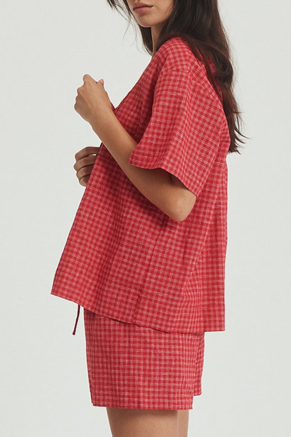 Plaid Tied Scoop Neck Short Sleeve Top and Drawstring Shorts Set-TOPS / DRESSES-[Adult]-[Female]-2022 Online Blue Zone Planet