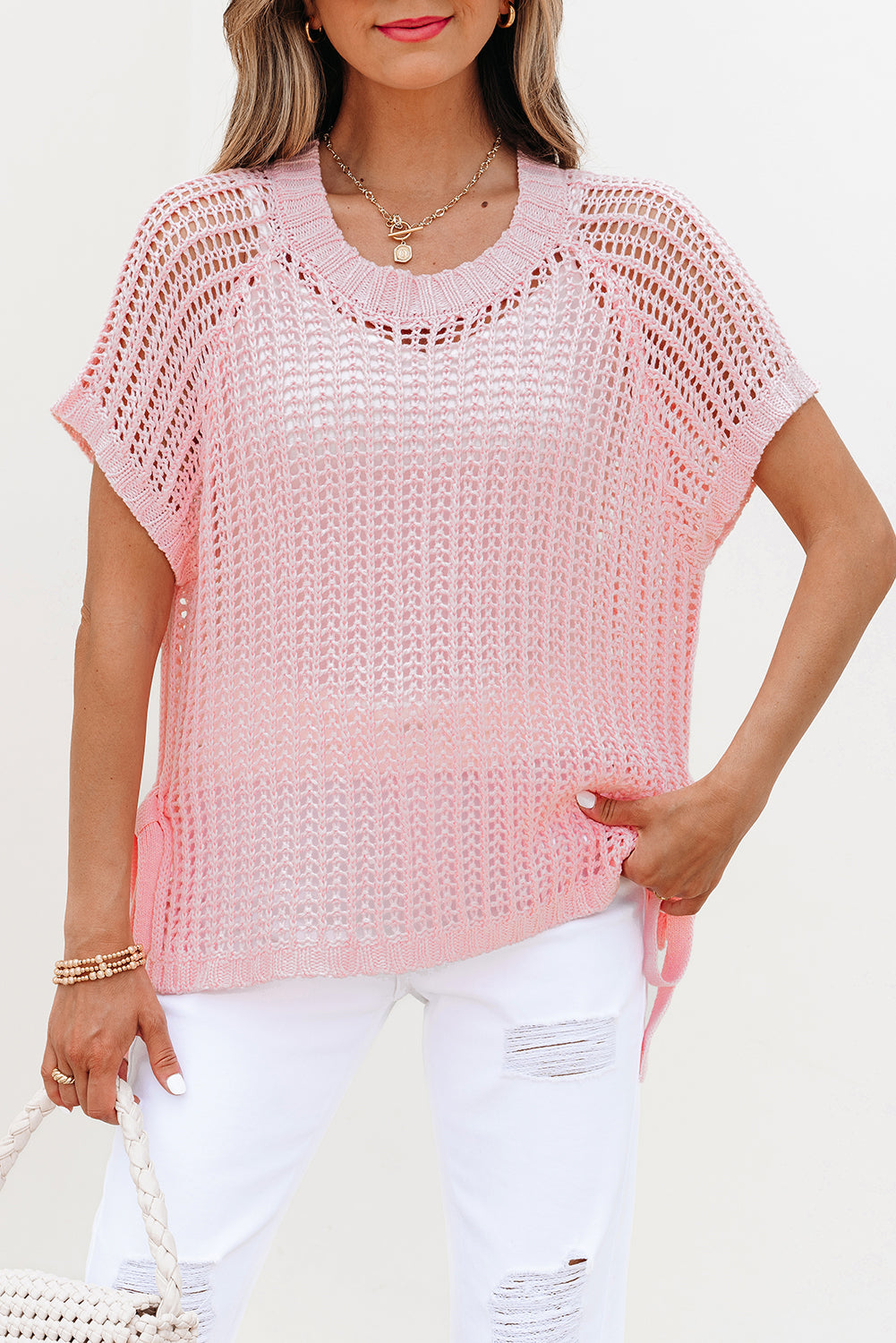 Pink Hollow-Out Crochet Side Tied Short Sleeve Sweater-TOPS / DRESSES-[Adult]-[Female]-2022 Online Blue Zone Planet