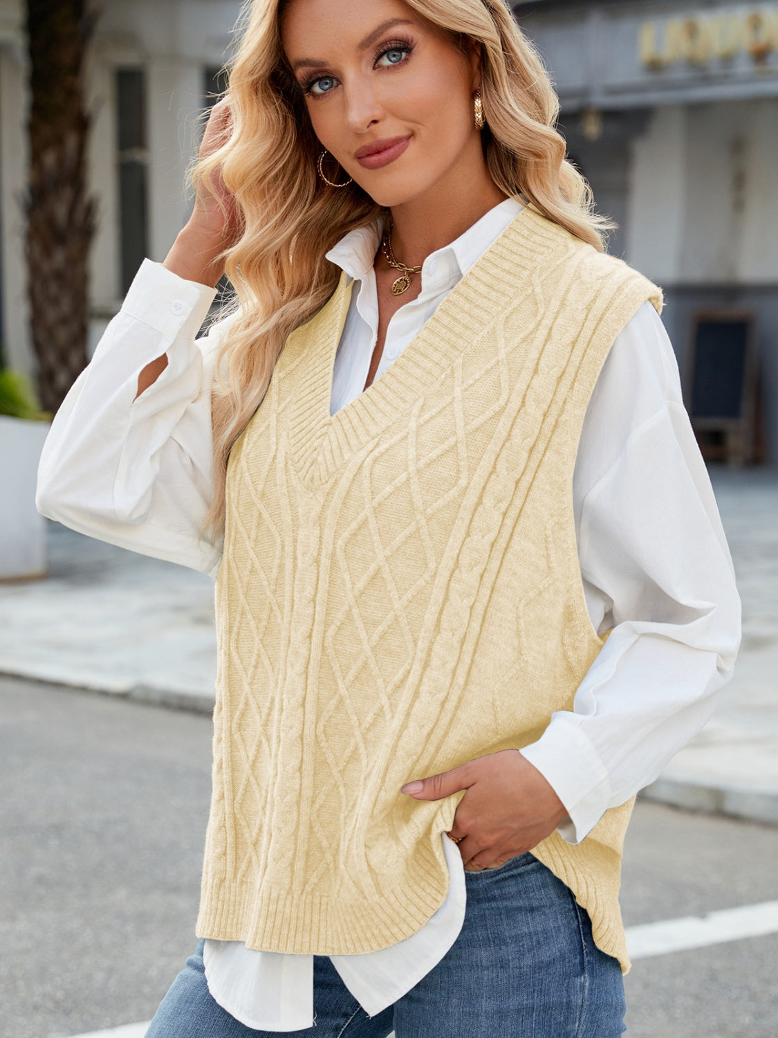 Cable Knit V-Neck Sweater Vest-TOPS / DRESSES-[Adult]-[Female]-Tan-S-2022 Online Blue Zone Planet