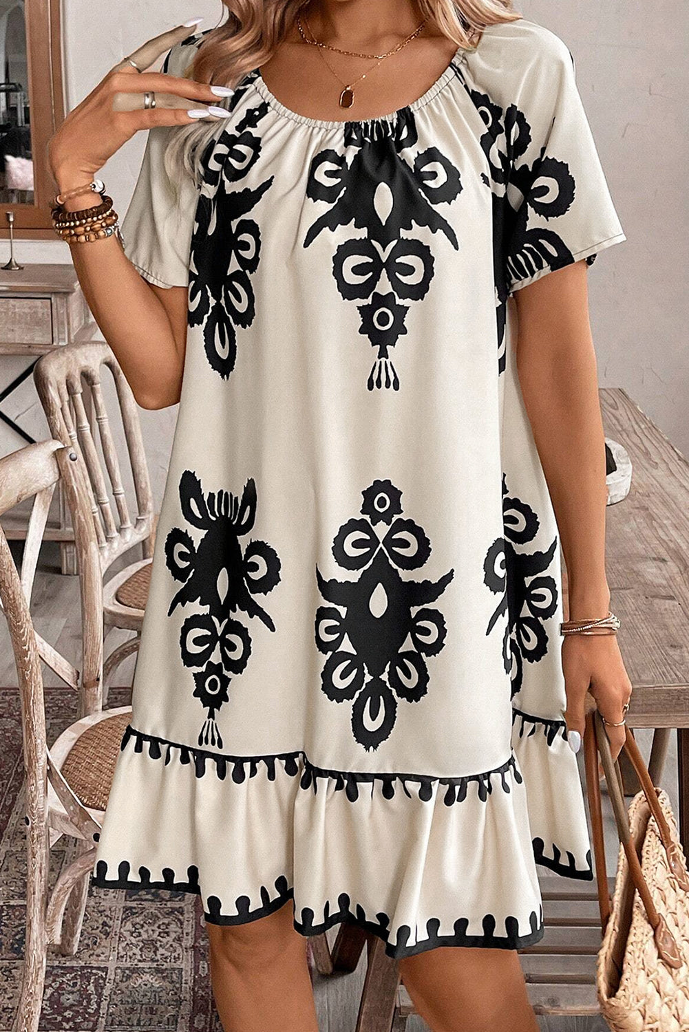 Apricot Western Print Ruffled Short Sleeve Loose Dress-TOPS / DRESSES-[Adult]-[Female]-2022 Online Blue Zone Planet