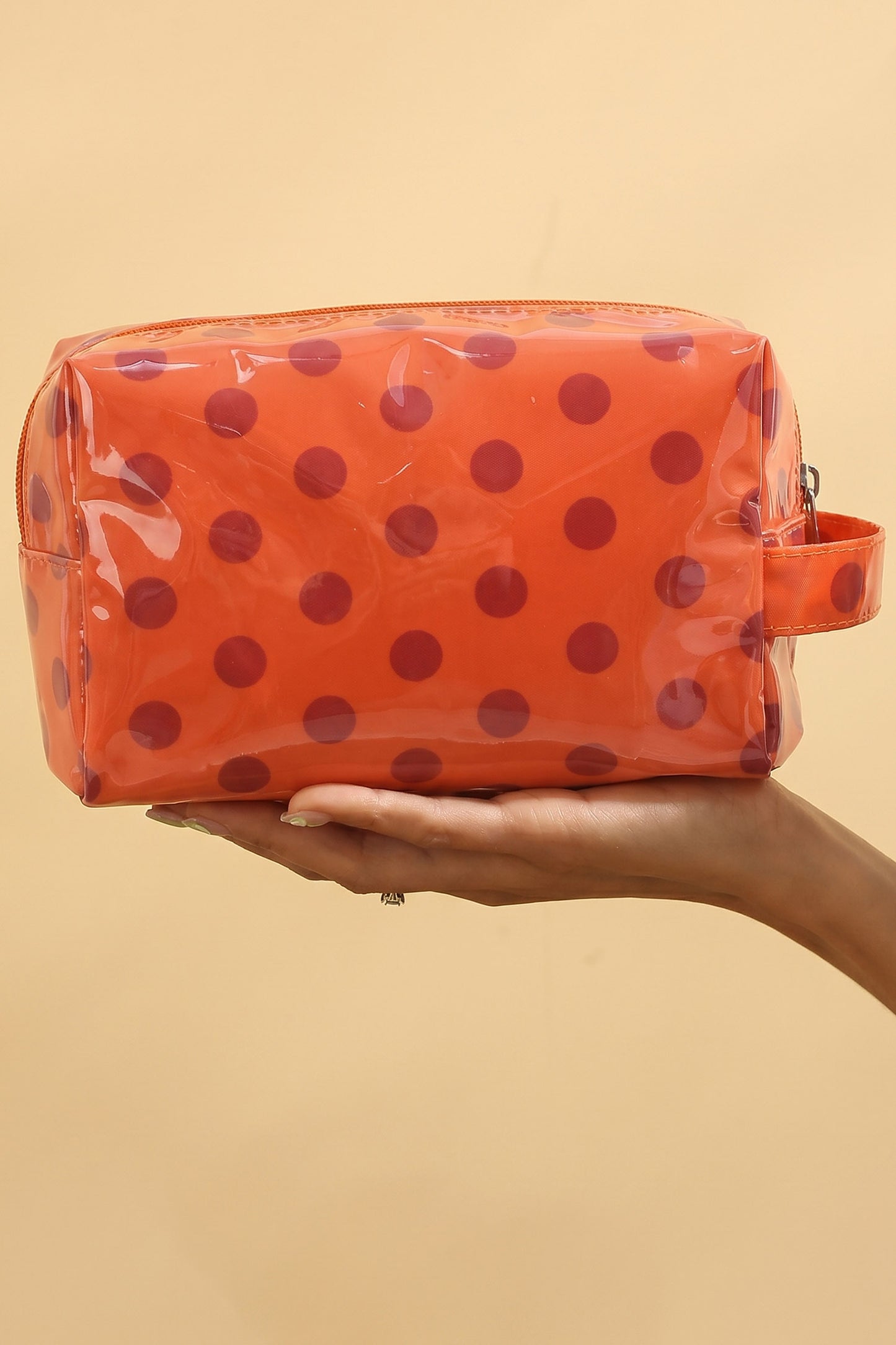 Orange Durable PVC Polka Dot Makeup Bag